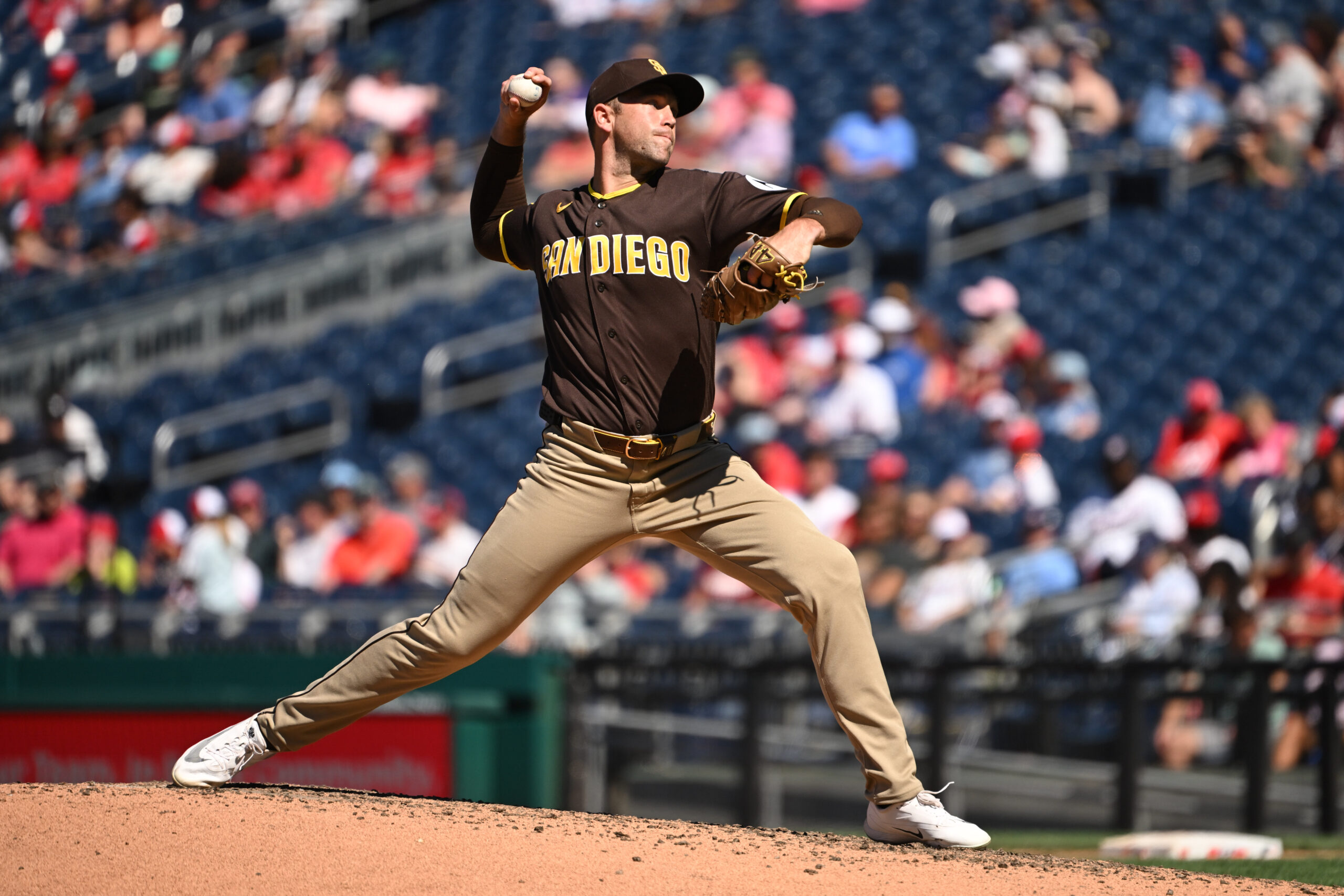 May 31, 2026; Washington, District of Columbia, USA;  San Diego Padres pitcher Jason Adam (40) throws a pitch against the Washington Nationals during the eighth inning at Nationals Park. Mandatory Credit: Rafael Suanes-Imagn Images