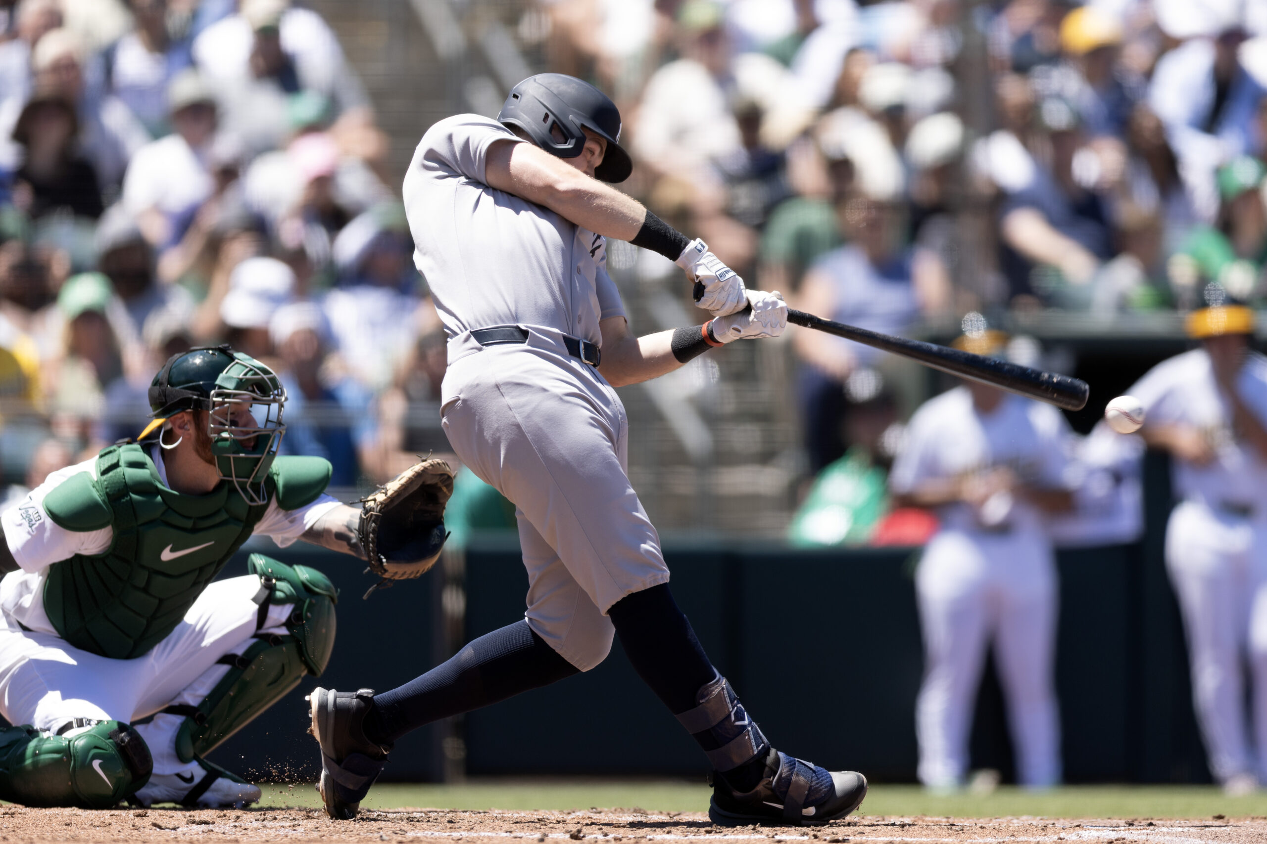 May 31, 2026; West Sacramento, California, USA; New York Yankees designated hitter Ben Rice (22) connects for a two-run double against the Athletics during the third inning at Sutter Health Park. Mandatory Credit: D. Ross Cameron-Imagn Images