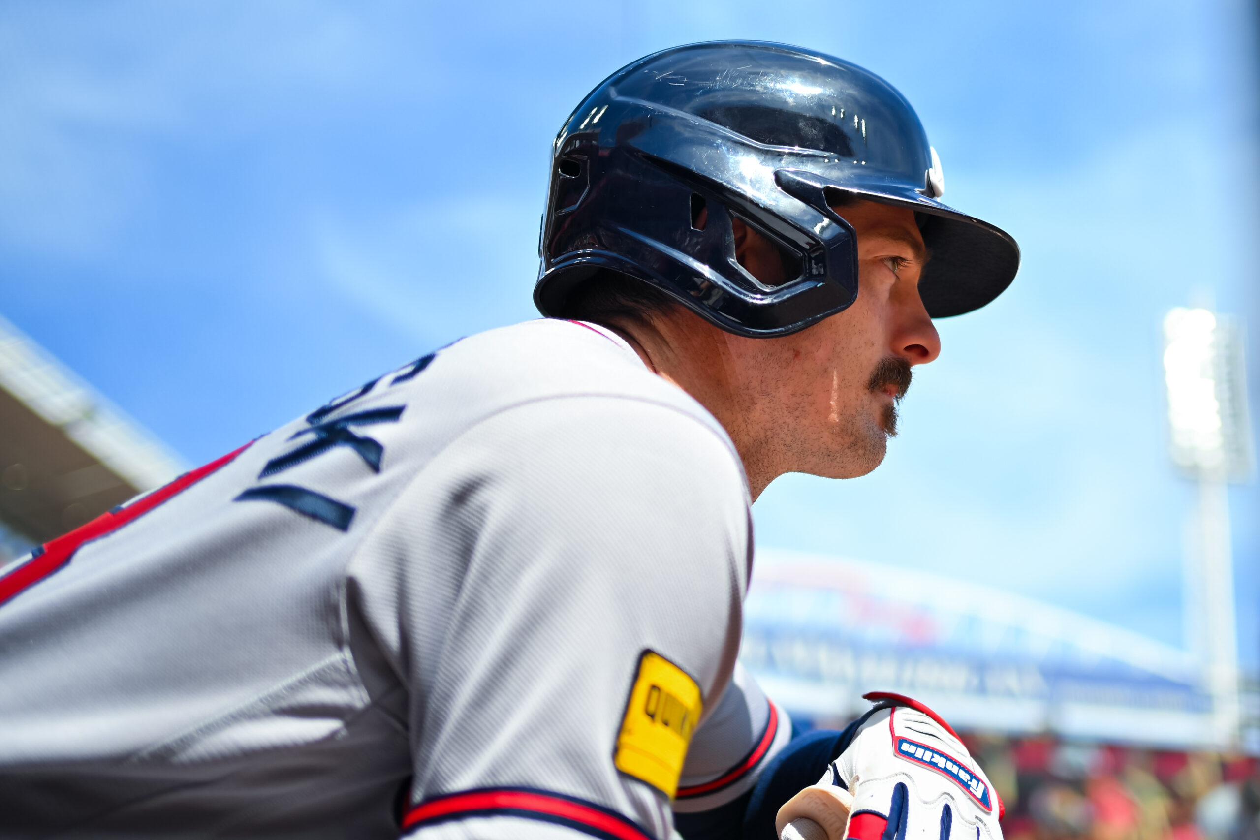 May 31, 2026; Cincinnati, Ohio, USA;  Atlanta Braves outfielder Mike Yastrzemski (18) waits to bat against the Cincinnati Reds at Great American Ball Park. Mandatory Credit: Aaron Doster-Imagn Images
