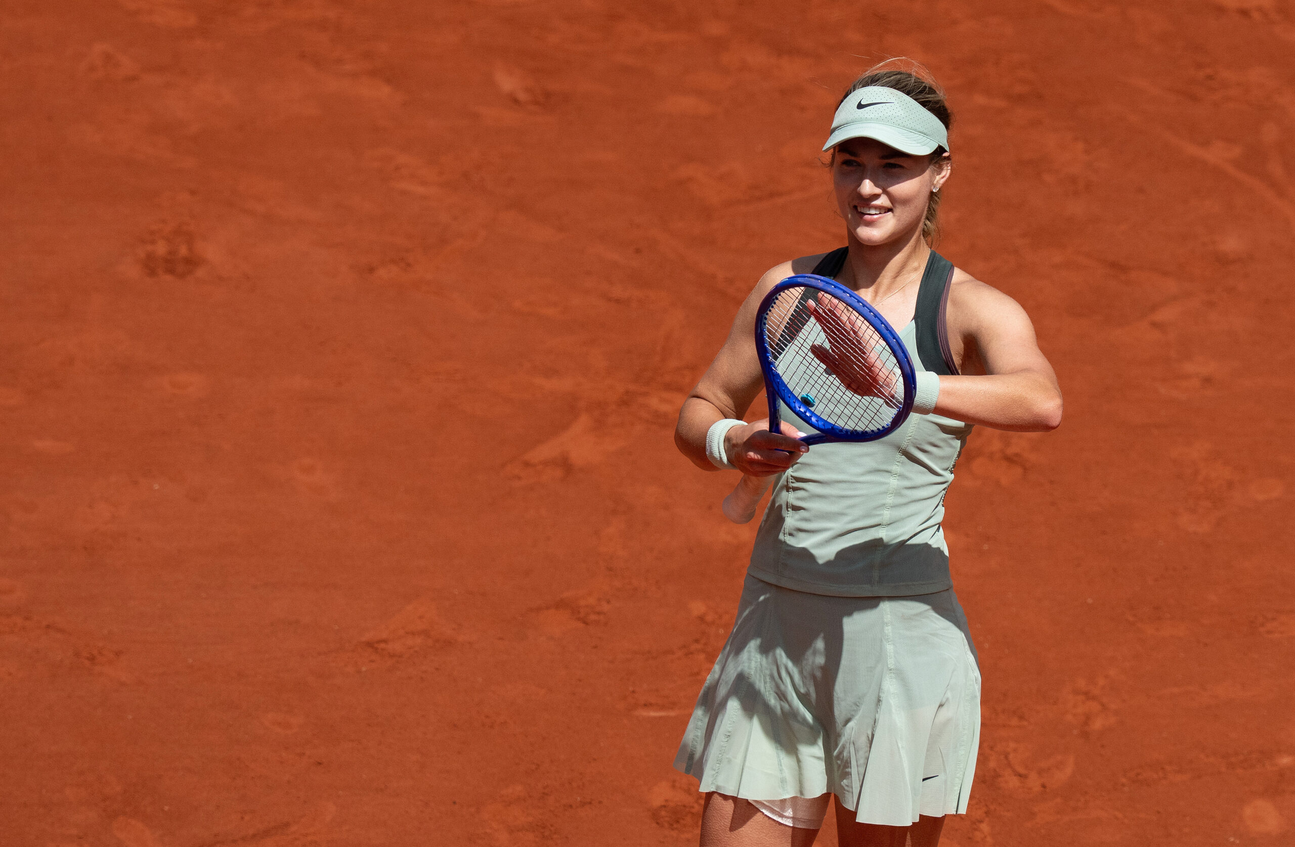 Jun 1, 2026; Paris, France;  Anna Kalinskaya celebrates winning her match against Anastasia Potapova of Austria on day nine at Stade Roland Garros. Mandatory Credit: Susan Mullane-Imagn Images