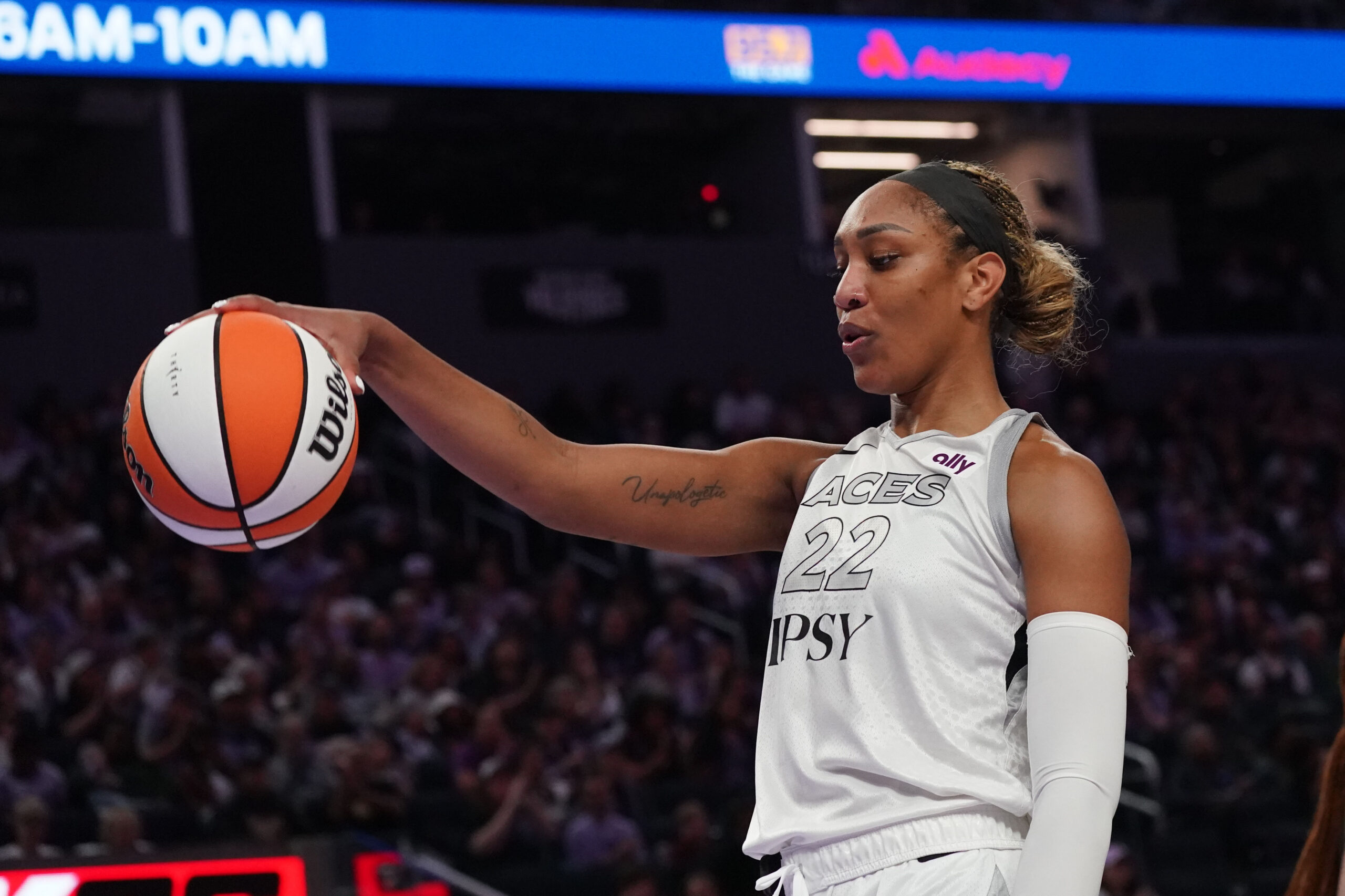 May 31, 2026; San Francisco, California, USA;   Las Vegas Aces center A'ja Wilson (22) dribbles the ball during a break in the action against the Golden State Valkyries in the third quarter at Chase Center. Mandatory Credit: David Gonzales-Imagn Images