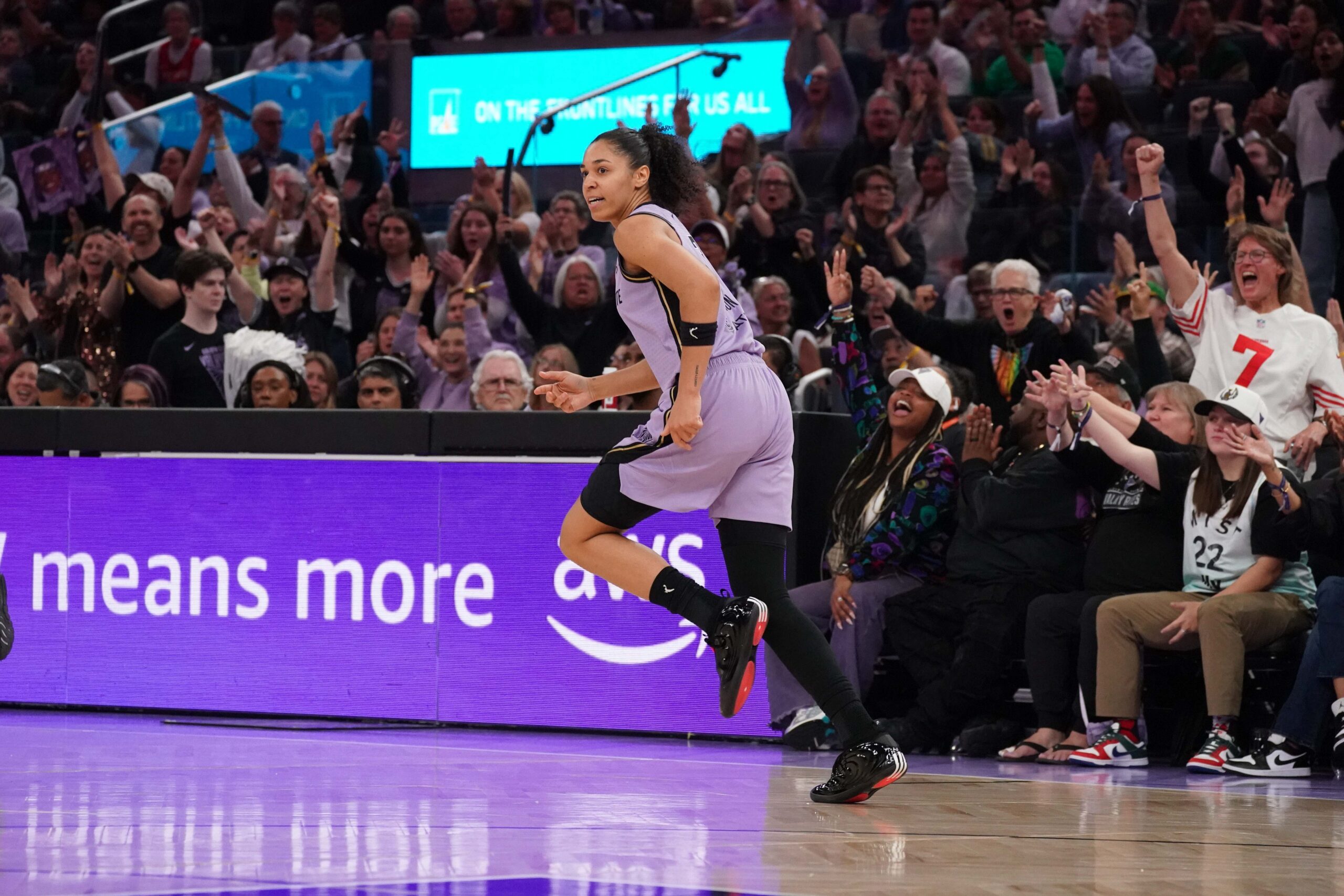 May 28, 2026; San Francisco, California, USA;  Golden State Valkyries forward Janelle Salaun (13) runs back on defense as the crowd cheers after scoring against the Indiana Fever in the third quarter at Chase Center. Mandatory Credit: David Gonzales-Imagn Images