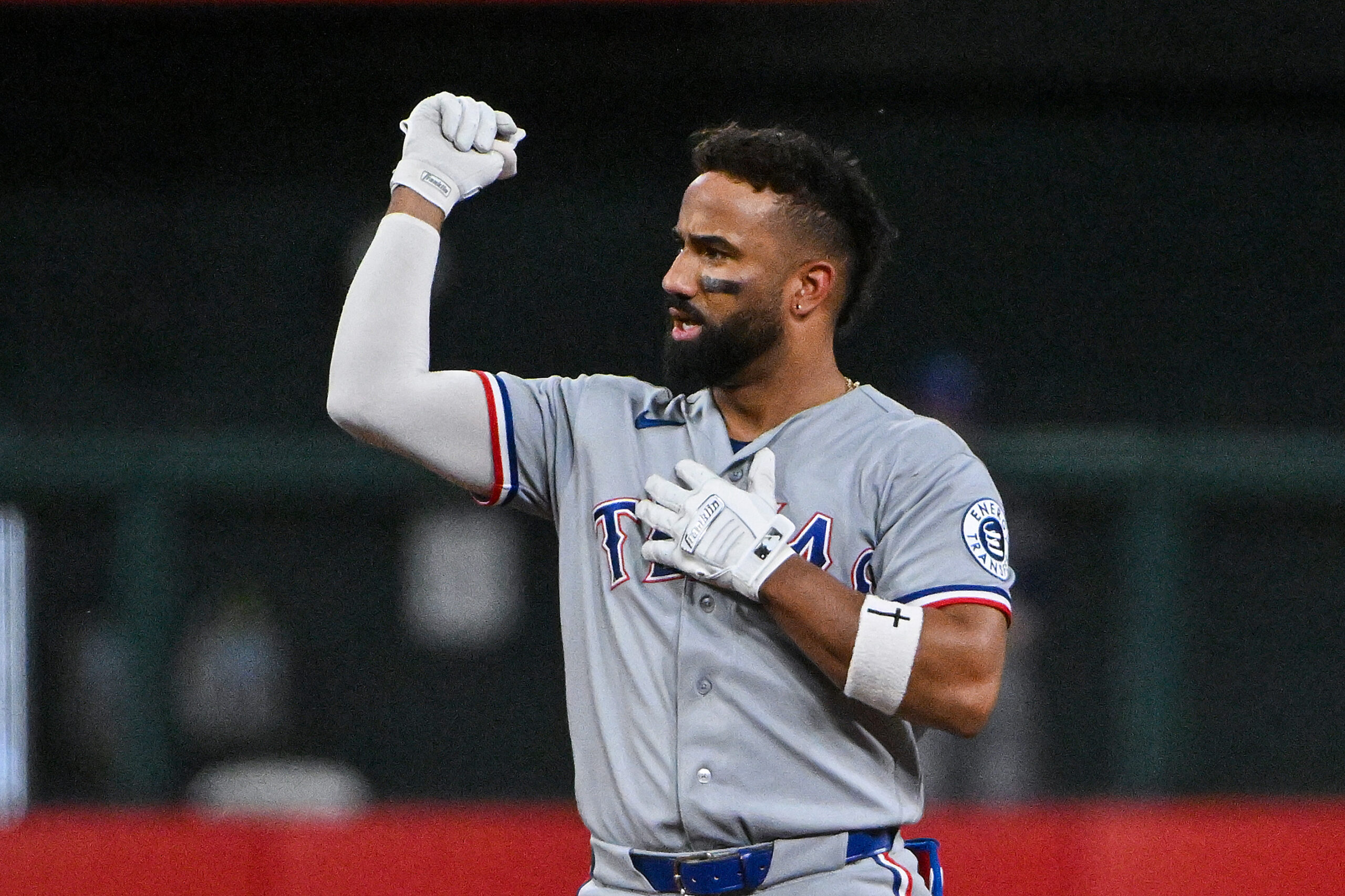 Jun 1, 2026; St. Louis, Missouri, USA; Texas Rangers shortstop Ezequiel Duran (20) reacts after reaching second during the ninth inning against the St. Louis Cardinals at Busch Stadium. Mandatory Credit: Jeff Curry-Imagn Images