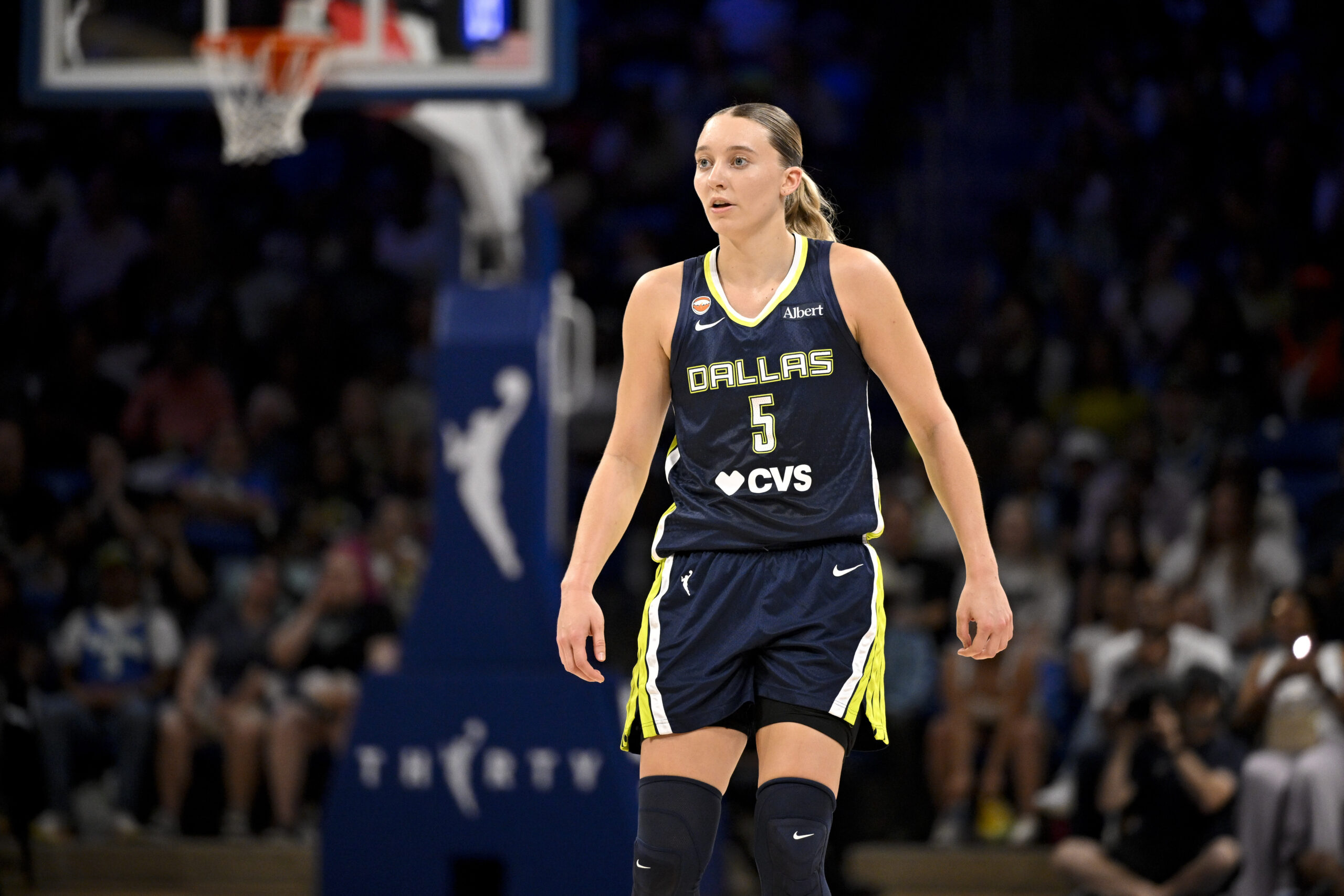 Jun 1, 2026; Arlington, Texas, USA; Dallas Wings guard Paige Bueckers (5) looks on during the second half against the Seattle Storm at College Park Center. Mandatory Credit: Jerome Miron-Imagn Images