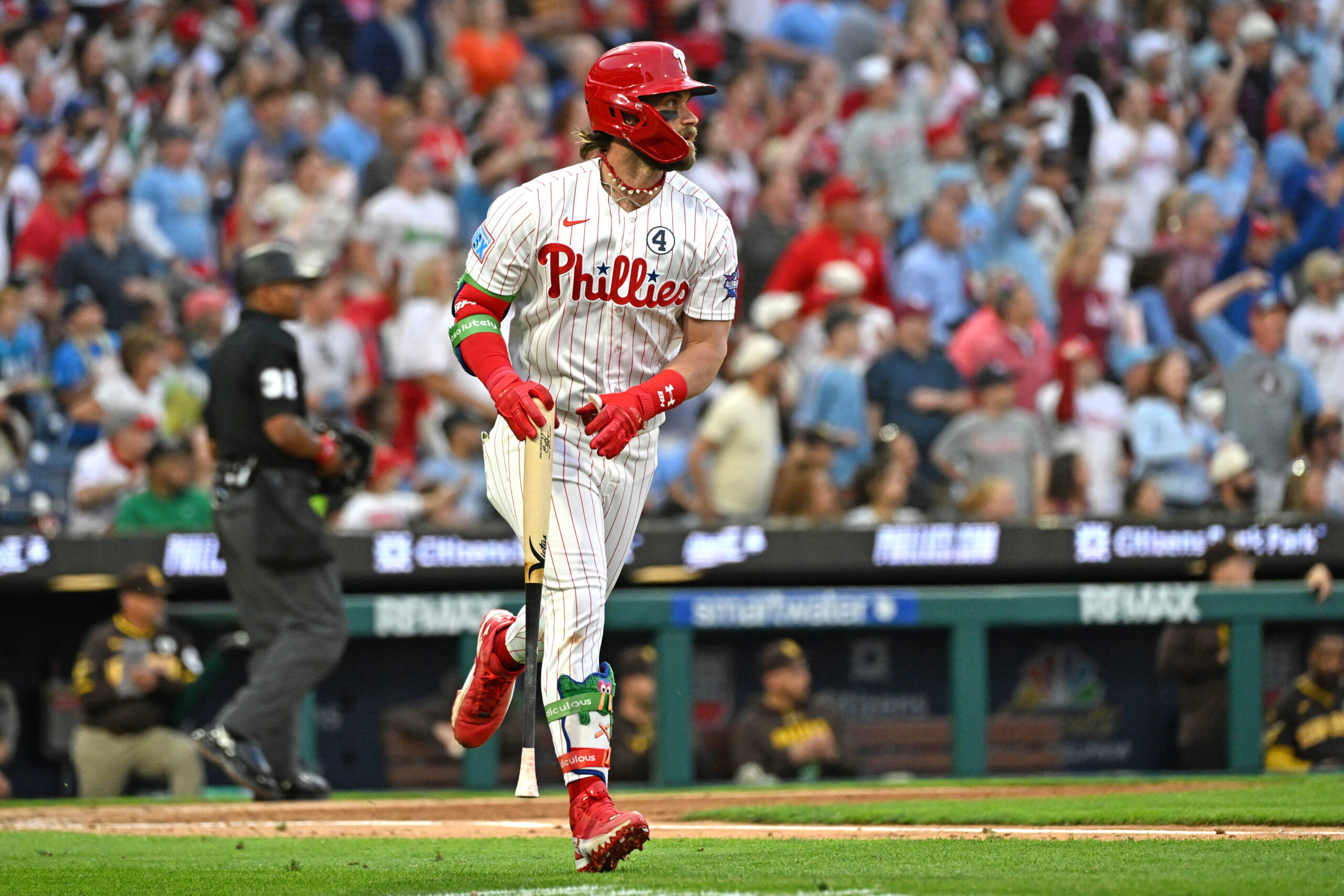 Jun 2, 2026; Philadelphia, Pennsylvania, USA; Philadelphia Phillies first baseman Bryce Harper (3) watches his two-run home run against the San Diego Padres during the fourth inning at Citizens Bank Park. Mandatory Credit: Eric Hartline-Imagn Images