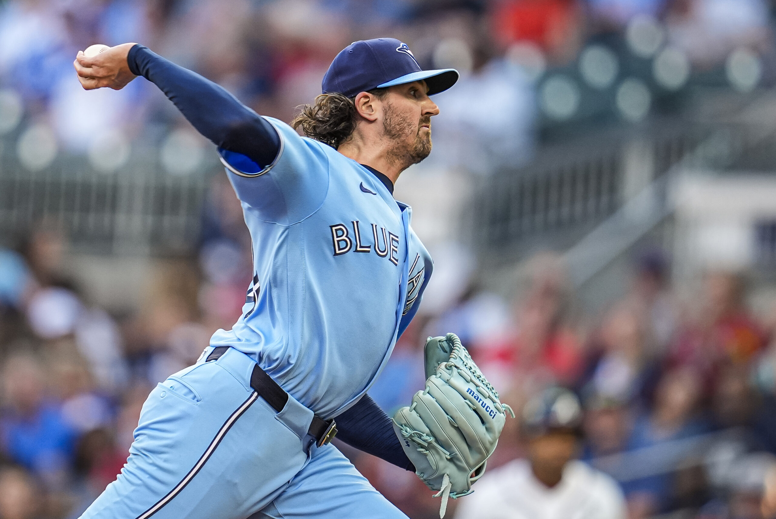 Jun 2, 2026; Cumberland, Georgia, USA; Toronto Blue Jays pitcher Kevin Gausman (34) pitches against the Atlanta Braves during the first inning at Truist Park. Mandatory Credit: Dale Zanine-Imagn Images