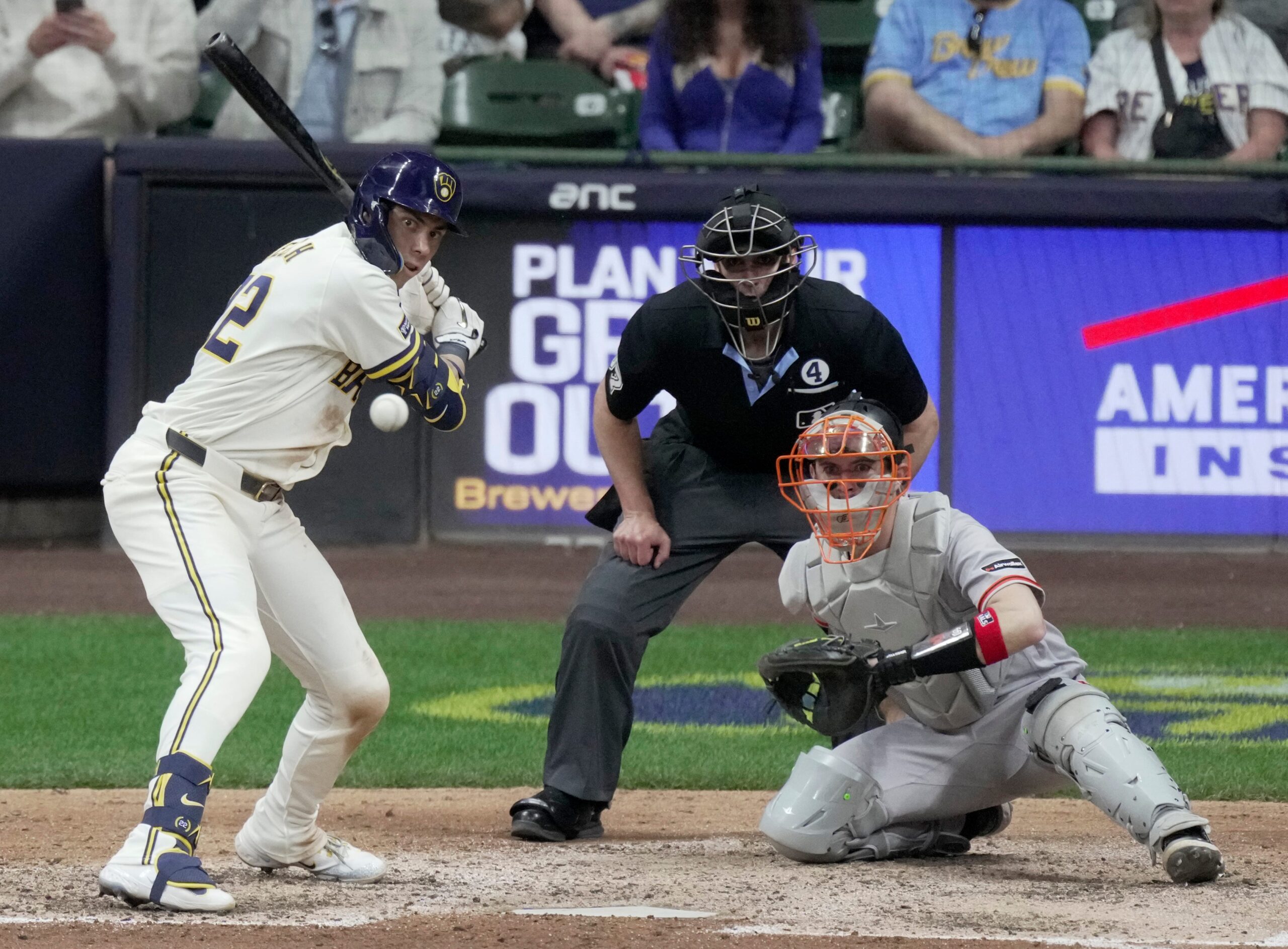 Milwaukee Brewers designated hitter Christian Yelich (22) hits a two-run single during the eighth inning of their game against the San Francisco Giants Tuesday, June 2, 2026 at American Family Field in Milwaukee, Wisconsin.