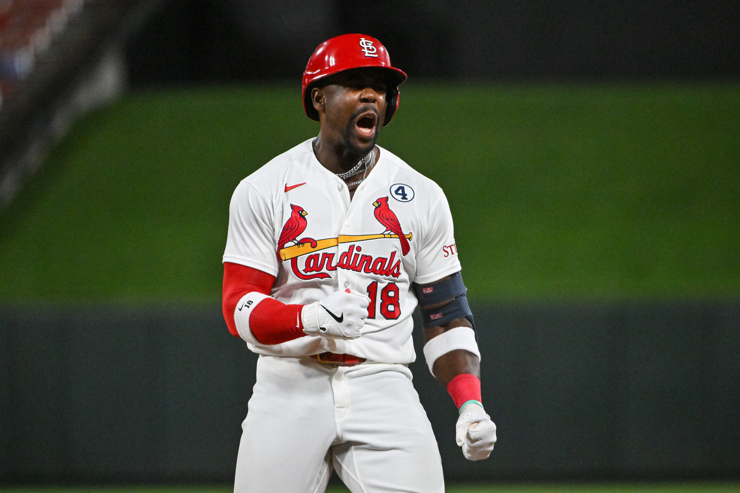 Jun 2, 2026; St. Louis, Missouri, USA; St. Louis Cardinals right fielder Jordan Walker (18) reacts after hitting a one run single against the Texas Rangers during the seventh inning at Busch Stadium. Mandatory Credit: Jeff Curry-Imagn Images