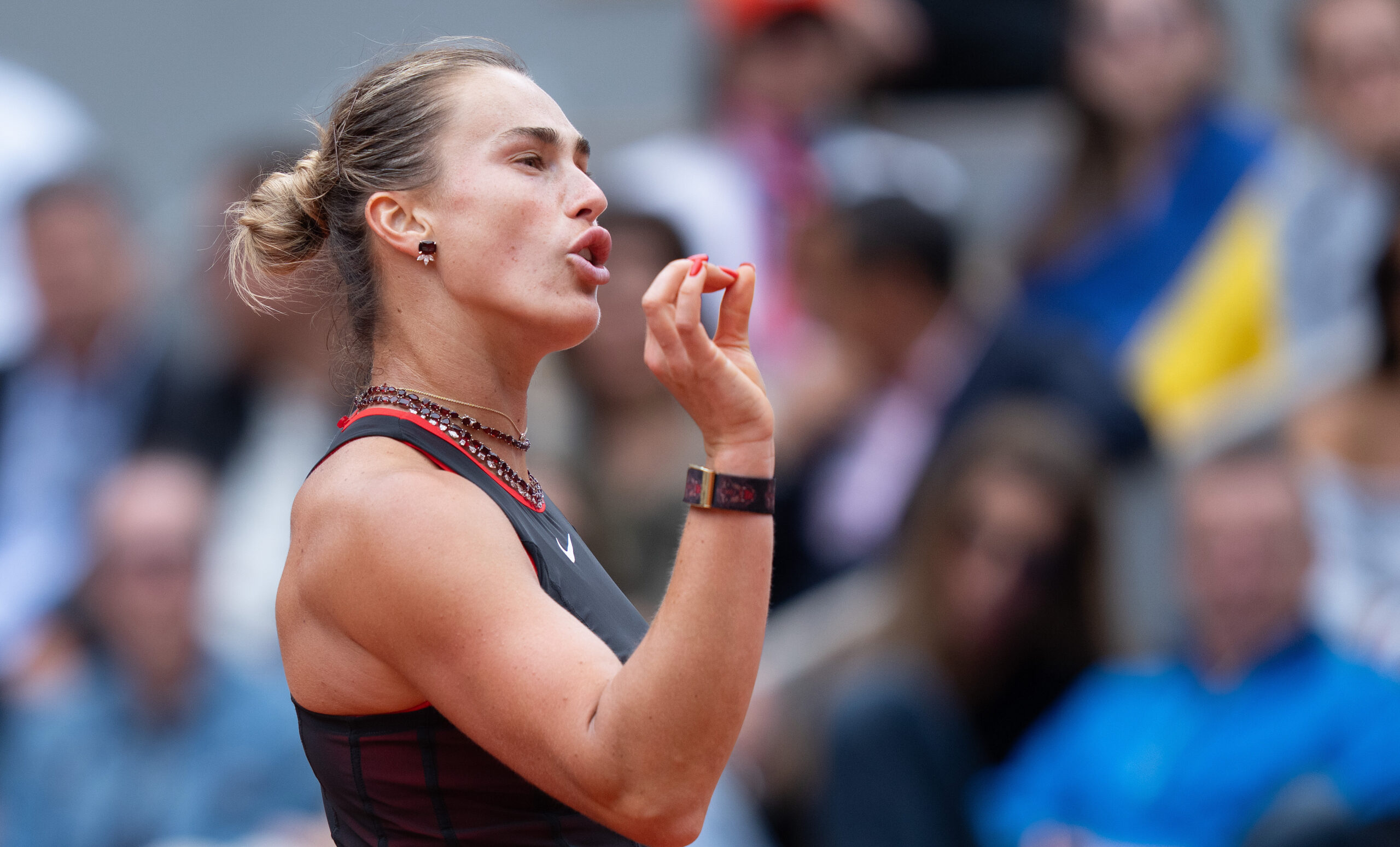 Jun 3, 2026; Paris, France; Aryna Sabalenka reacts during her match against Diana Shnaider on day 11 at Stade Roland Garros. Mandatory Credit: Susan Mullane-Imagn Images