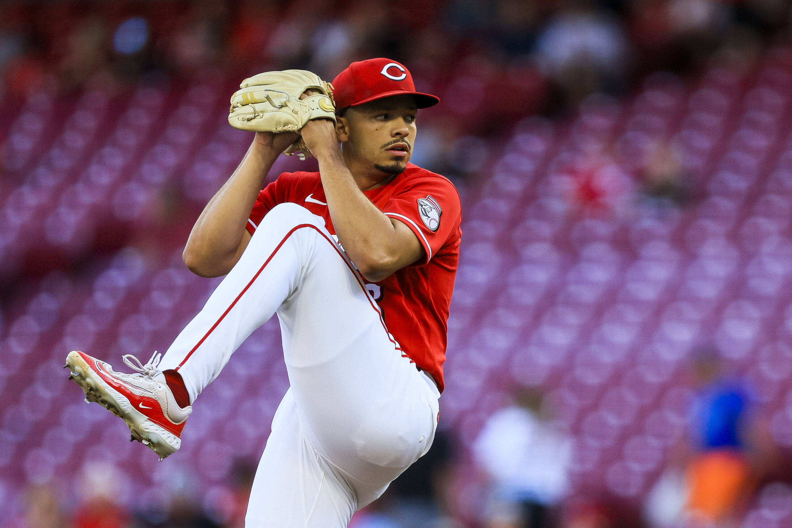 Jun 3, 2026; Cincinnati, Ohio, USA; Cincinnati Reds starting pitcher Chase Burns (26) pitches against the Kansas City Royals in the first inning at Great American Ball Park. Mandatory Credit: Katie Stratman-Imagn Images