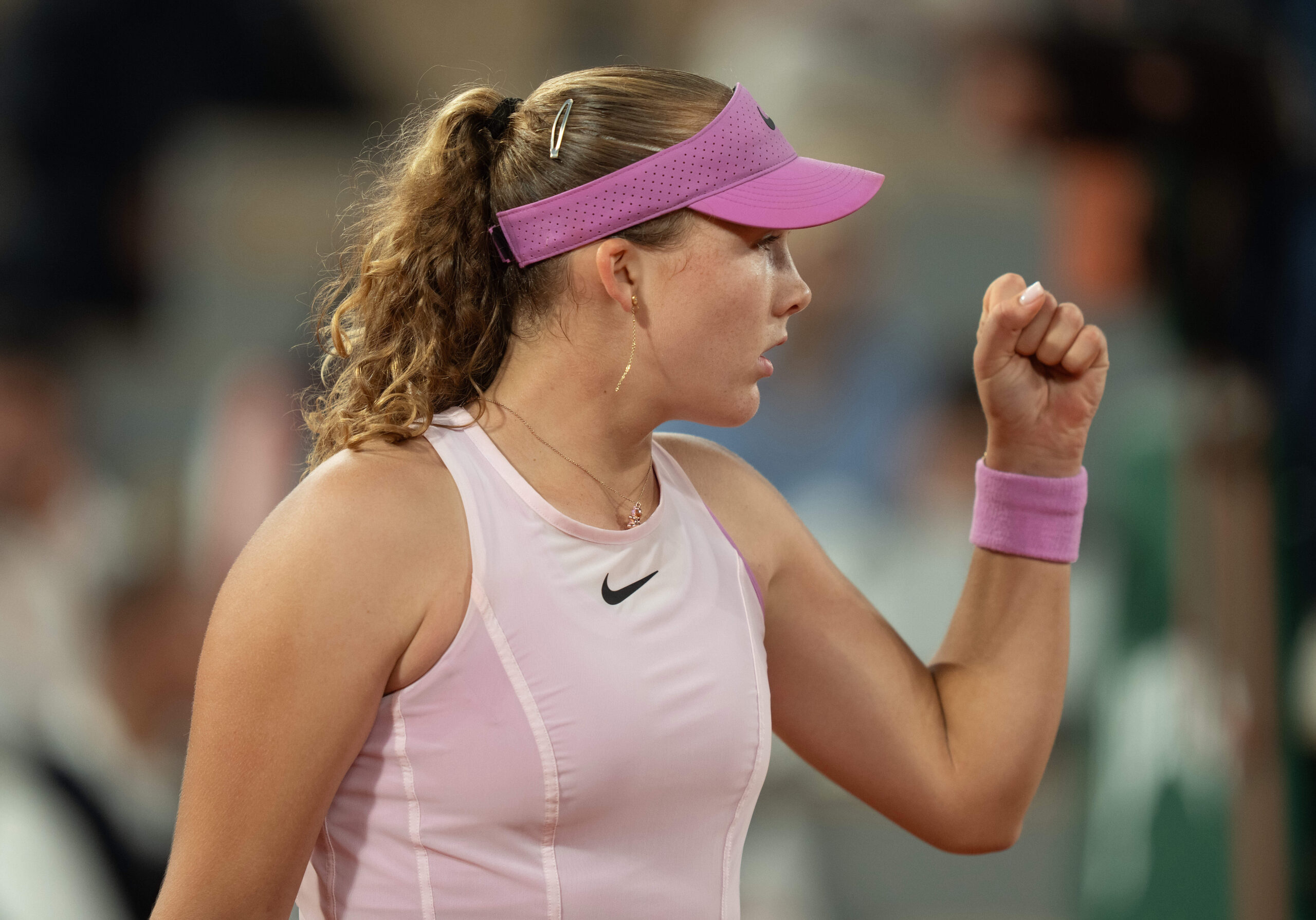 Jun 4, 2026; Paris, France;  Mirra Andreeva reacts during her match against Marta Kostyuk of Ukraine on day 12 at Stade Roland Garros. Mandatory Credit: Susan Mullane-Imagn Images