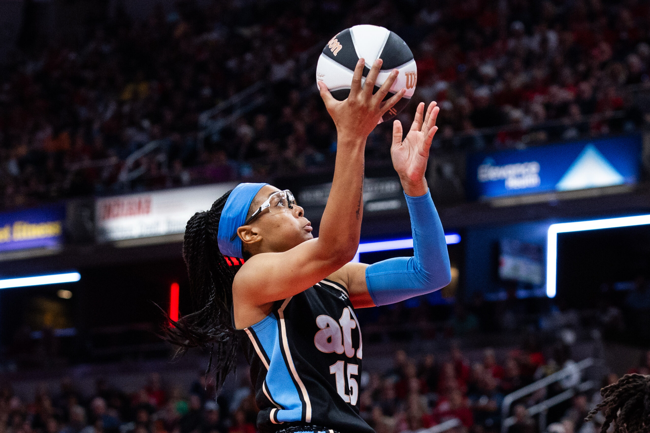 Jun 4, 2026; Indianapolis, Indiana, USA;  Atlanta Dream guard Allisha Gray (15) shoots the ball against the Indiana Fever in the second half at Gainbridge Fieldhouse. Mandatory Credit: Trevor Ruszkowski-Imagn Images