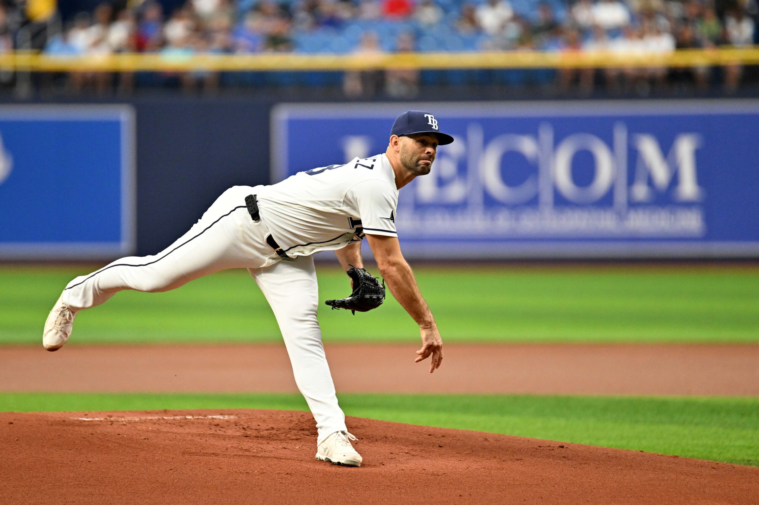 Jun 3, 2026; St. Petersburg, Florida, USA; Tampa Bay Rays starting pitcher Nick Martinez (28) throws a pitch in the first inning against the Detroit Tigers at Tropicana Field. Mandatory Credit: Jonathan Dyer-Imagn Images