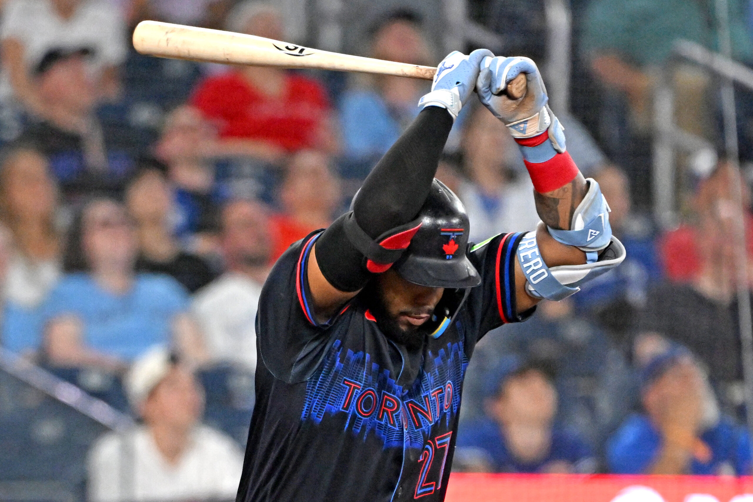 Jun 5, 2026; Toronto, Ontario, CAN;  Toronto Blue Jays first baseman Vladimir Guerrero Jr. (27) reacts after popping out against the Baltimore Orioles in the eighth inning at Rogers Centre. Mandatory Credit: Dan Hamilton-Imagn Images