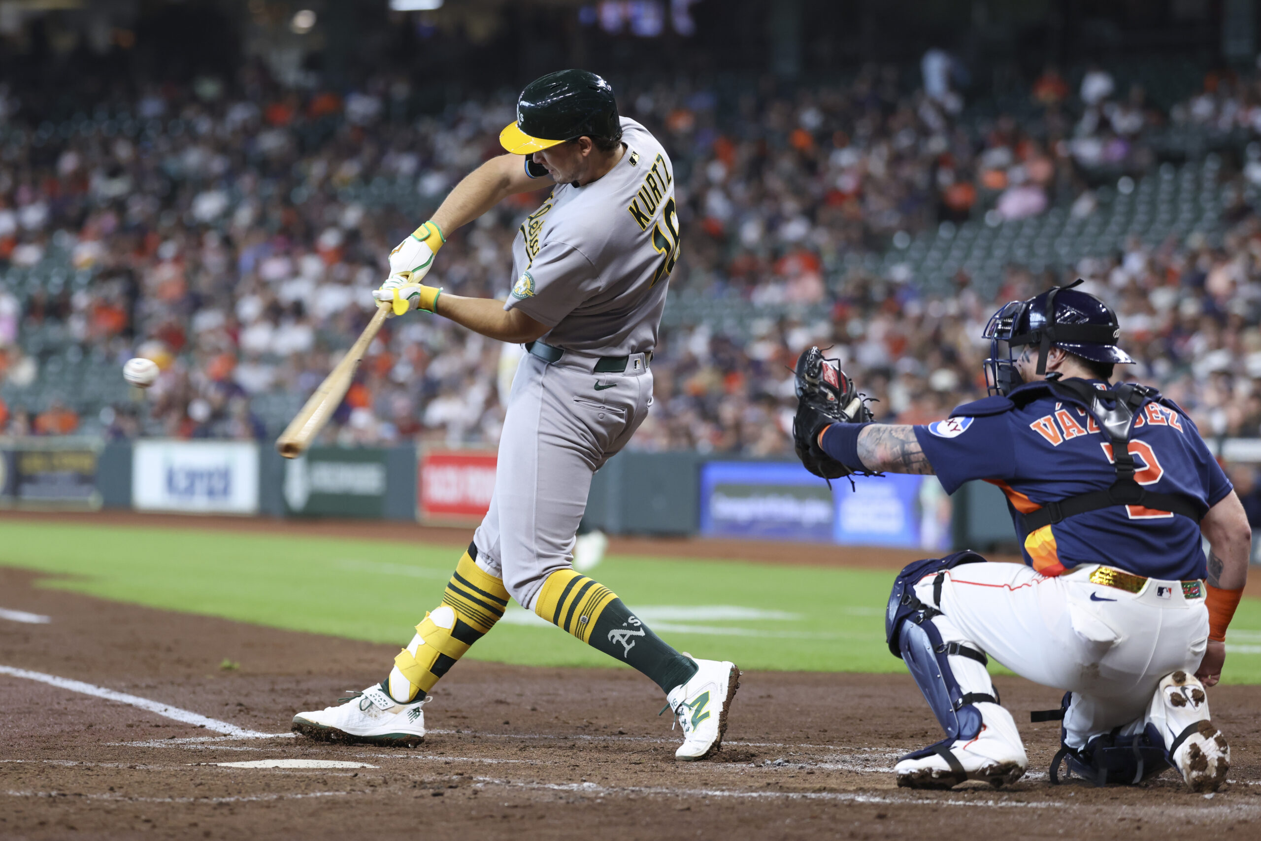 Jun 7, 2026; Houston, Texas, USA; Athletics first baseman Nick Kurtz (16). hits a home run during the third inning against the Houston Astros at Daikin Park. Mandatory Credit: Troy Taormina-Imagn Images