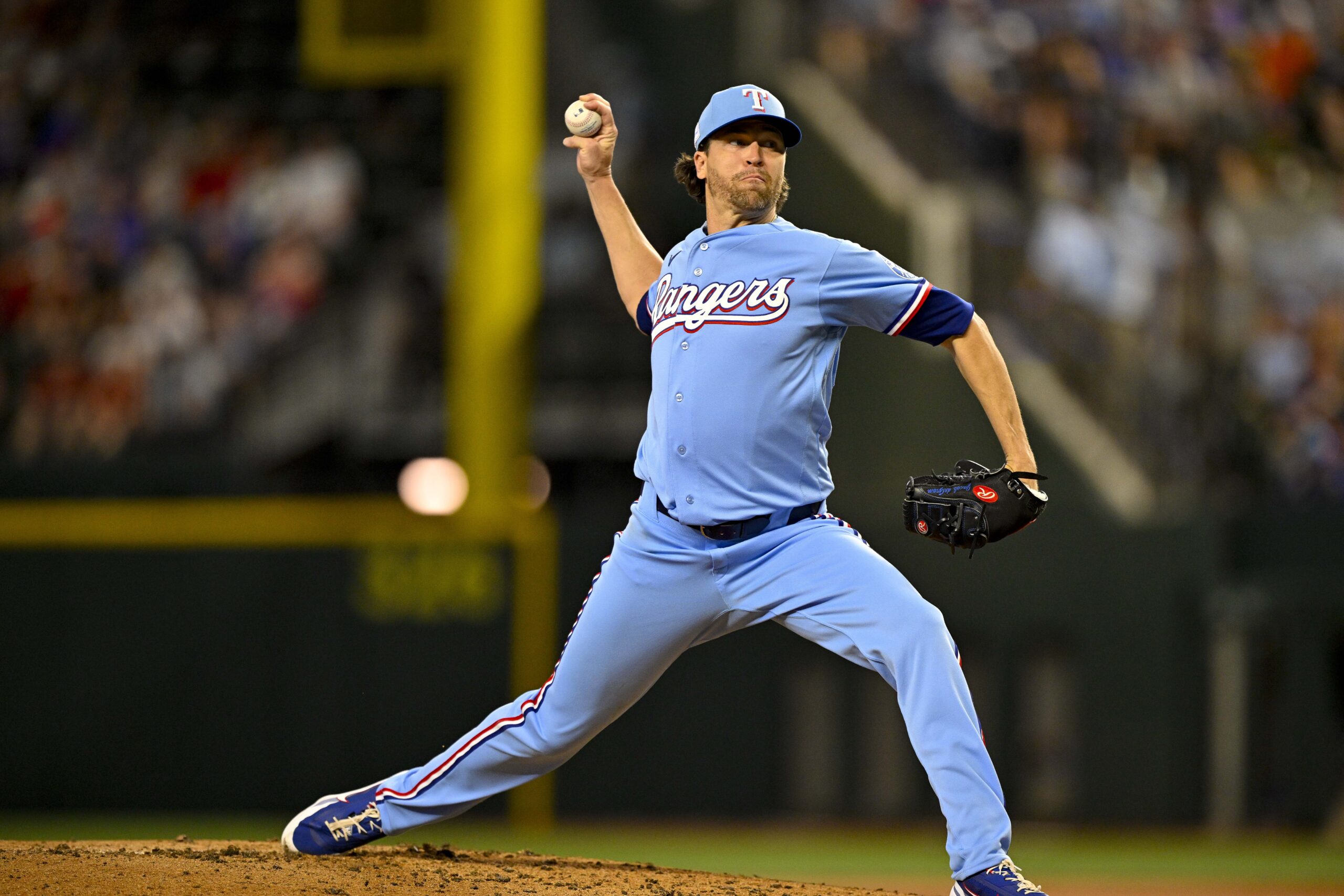 Jun 7, 2026; Arlington, Texas, USA; Texas Rangers starting pitcher Jacob Degrom (48) pitches against the Cleveland Guardians during the third inning at Globe Life Field. Mandatory Credit: Jerome Miron-Imagn Images