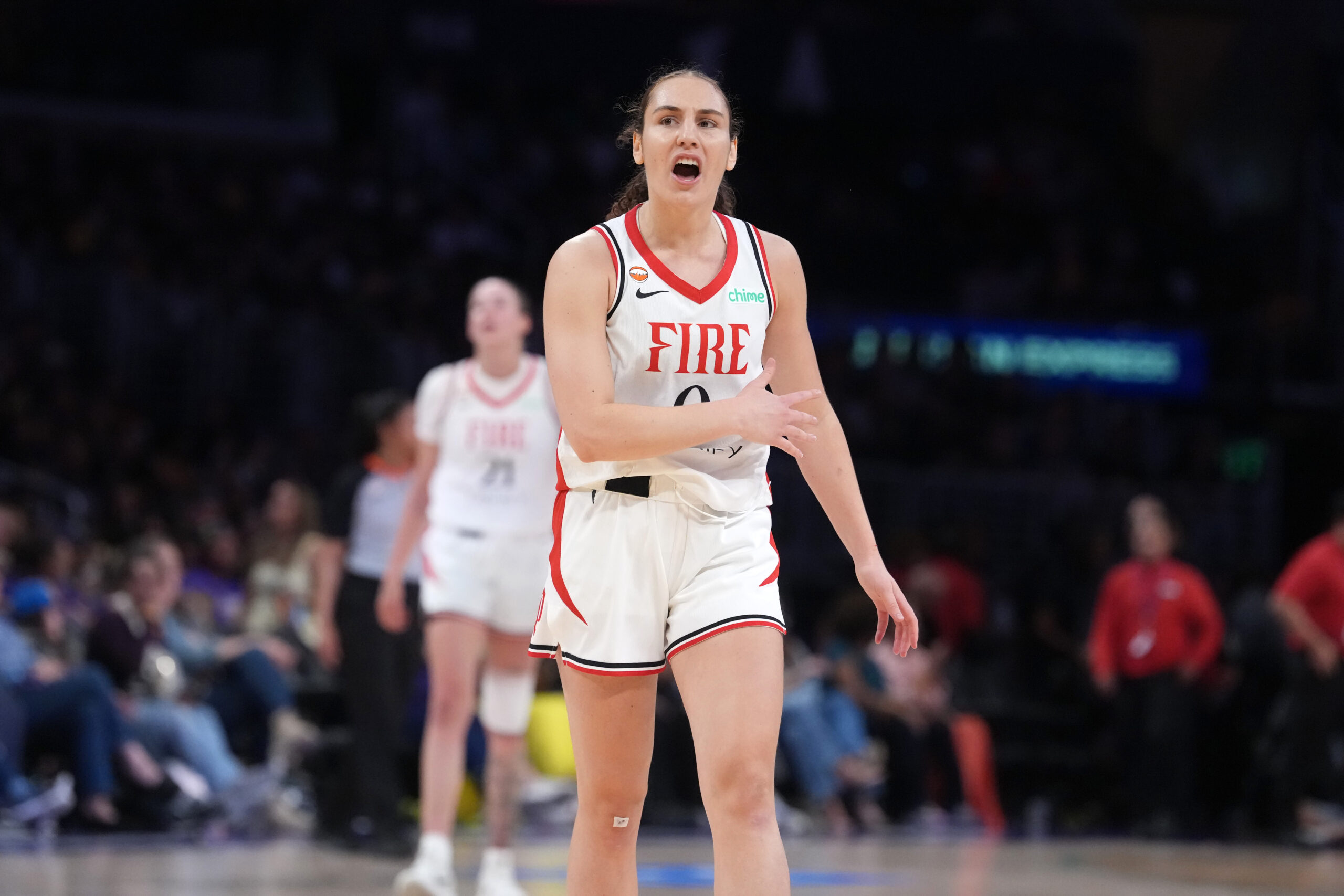 Jun 7, 2026; Los Angeles, California, USA; Portland Fire guard Carla Leite (0) reacts in the first half against the LA Sparks at Crypto.com Arena. Mandatory Credit: Kirby Lee-Imagn Images