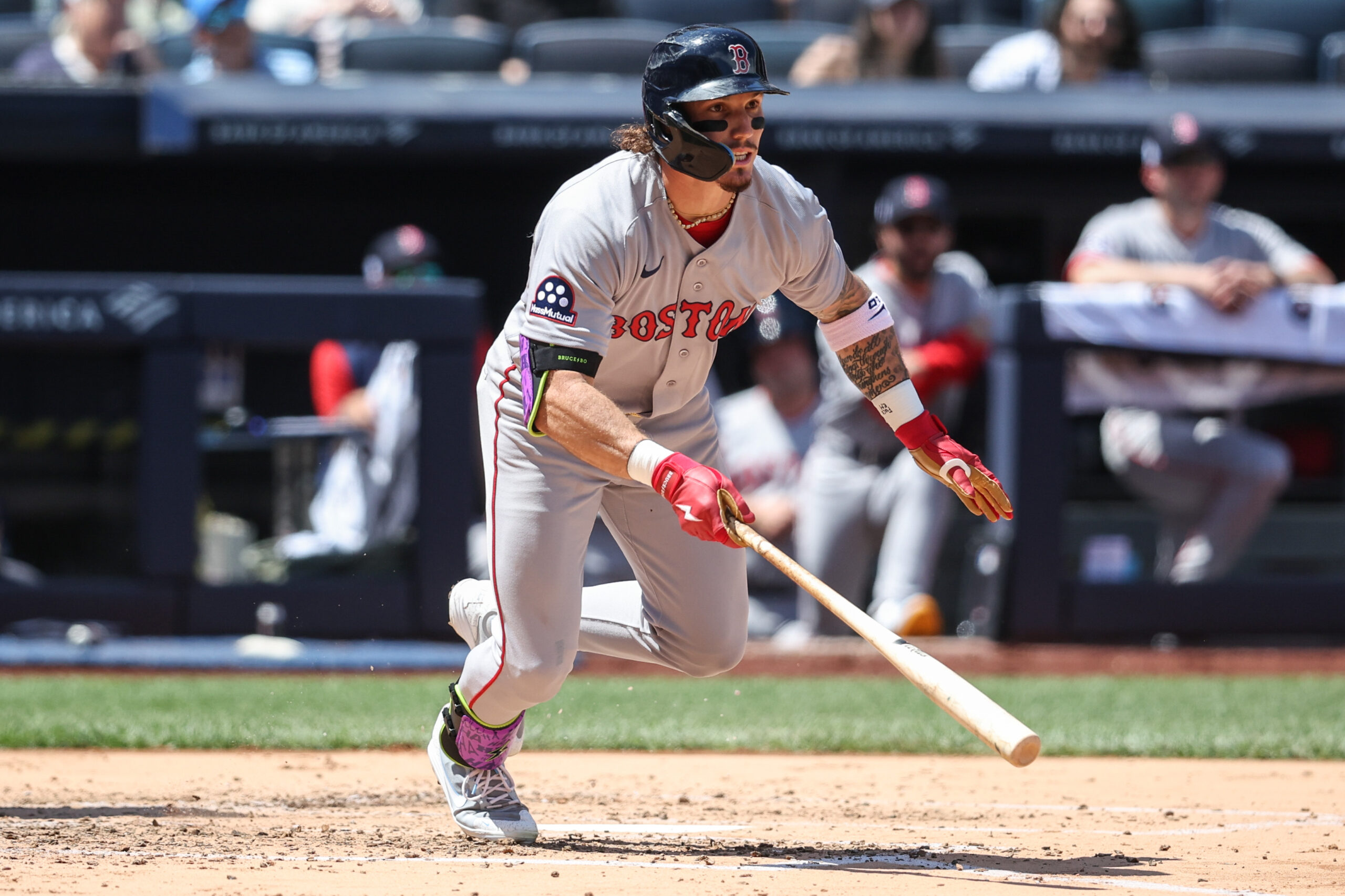 Jun 7, 2026; Bronx, New York, USA; Boston Red Sox left fielder Jarren Duran (16) at Yankee Stadium. Mandatory Credit: Wendell Cruz-Imagn Images