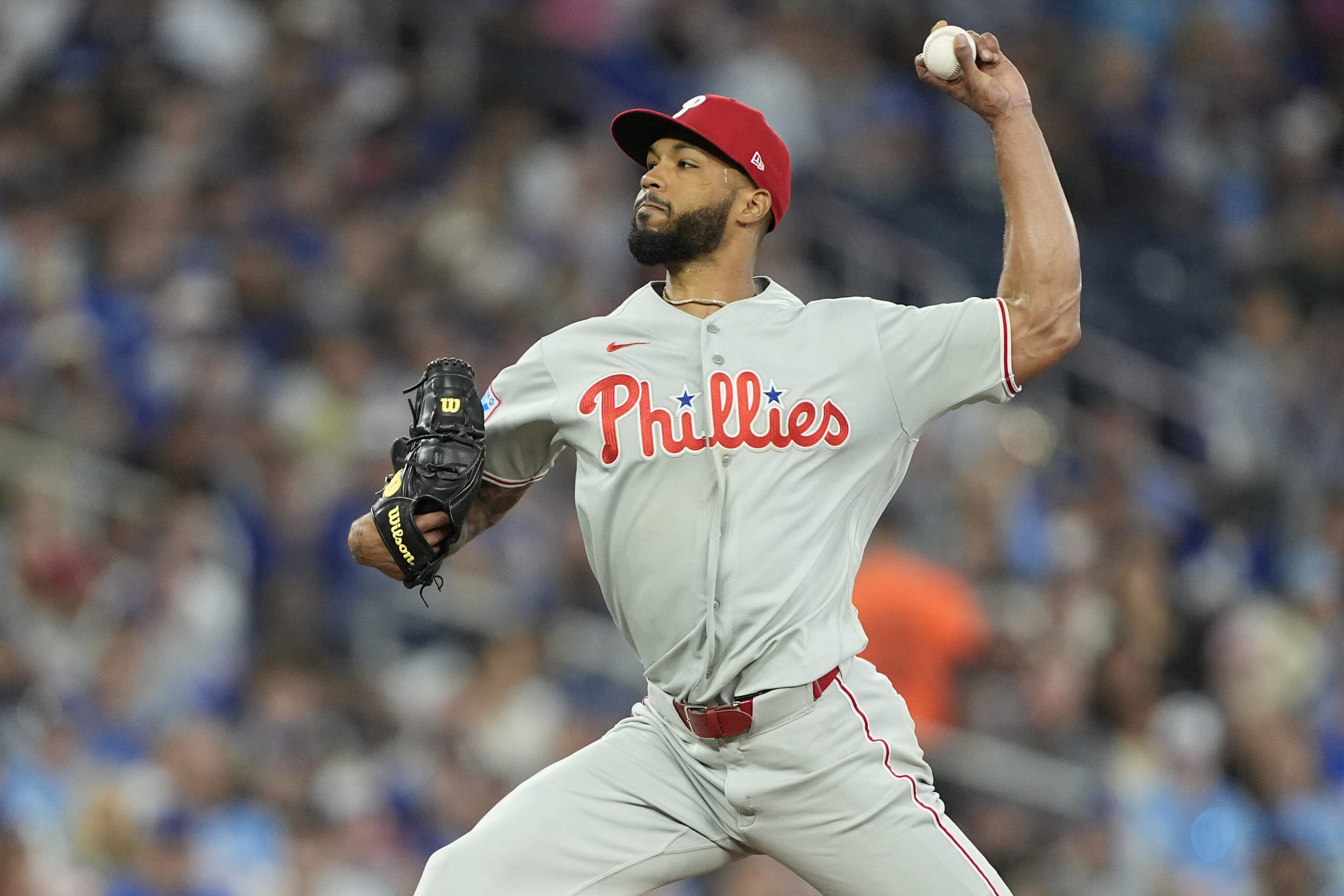 Jun 8, 2026; Toronto, Ontario, CAN; Philadelphia Phillies starting pitcher Cristopher Sanchez (61) pitches to the Toronto Blue Jays during the seventh inning at Rogers Centre. Mandatory Credit: John E. Sokolowski-Imagn Images