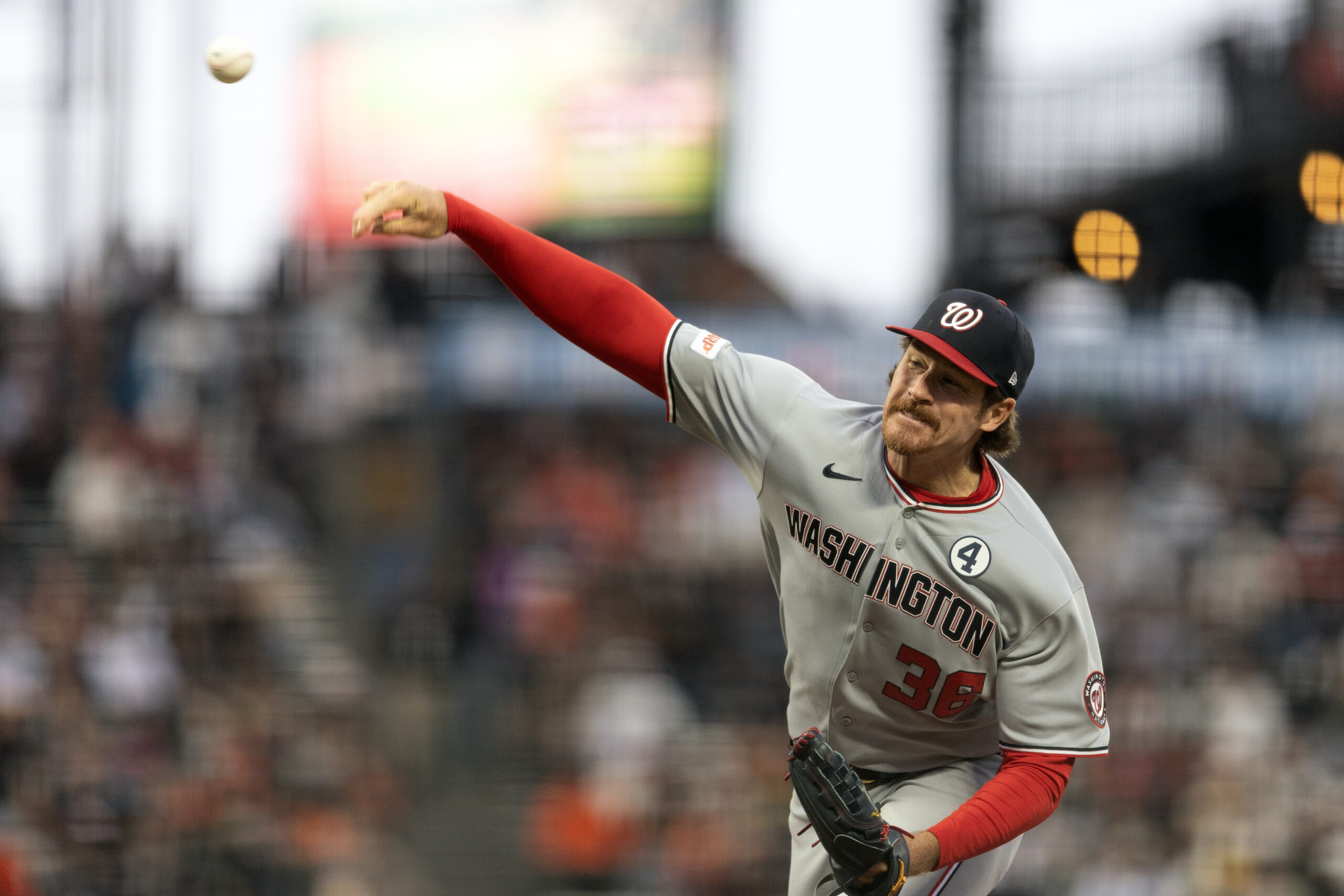 Jun 8, 2026; San Francisco, California, USA; Washington Nationals pitcher Miles Mikolas (36) delivers a pitch against the San Francisco Giants during the second inning at Oracle Park. Mandatory Credit: D. Ross Cameron-Imagn Images