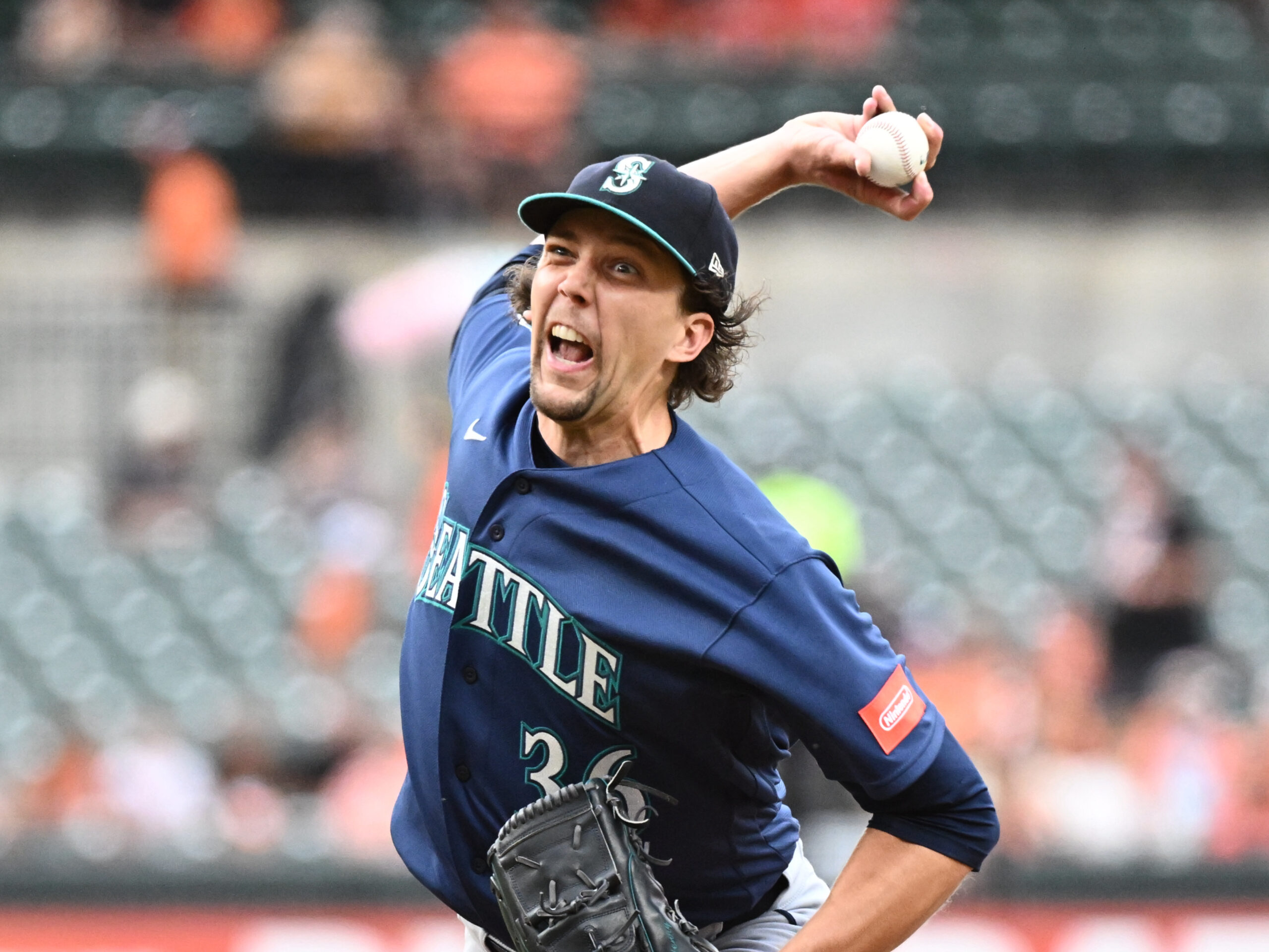 Jun 9, 2026; Baltimore, Maryland, USA;  Seattle Mariners pitcher Logan Gilbert (36) delivers during the first inning against the Baltimore Orioles at Oriole Park at Camden Yards. Mandatory Credit: James A. Pittman-Imagn Images