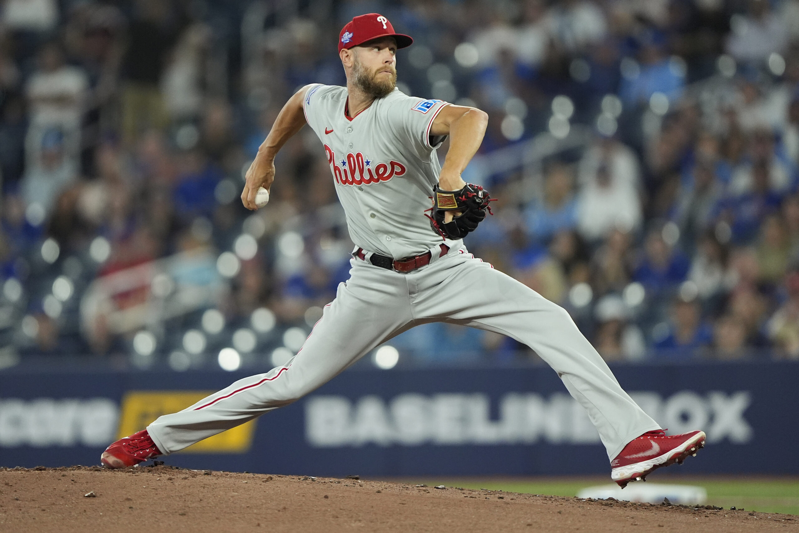 Jun 9, 2026; Toronto, Ontario, CAN; Philadelphia Phillies starting pitcher Zack Wheeler (45) pitches to the Toronto Blue Jays during the first inning at Rogers Centre. Mandatory Credit: John E. Sokolowski-Imagn Images