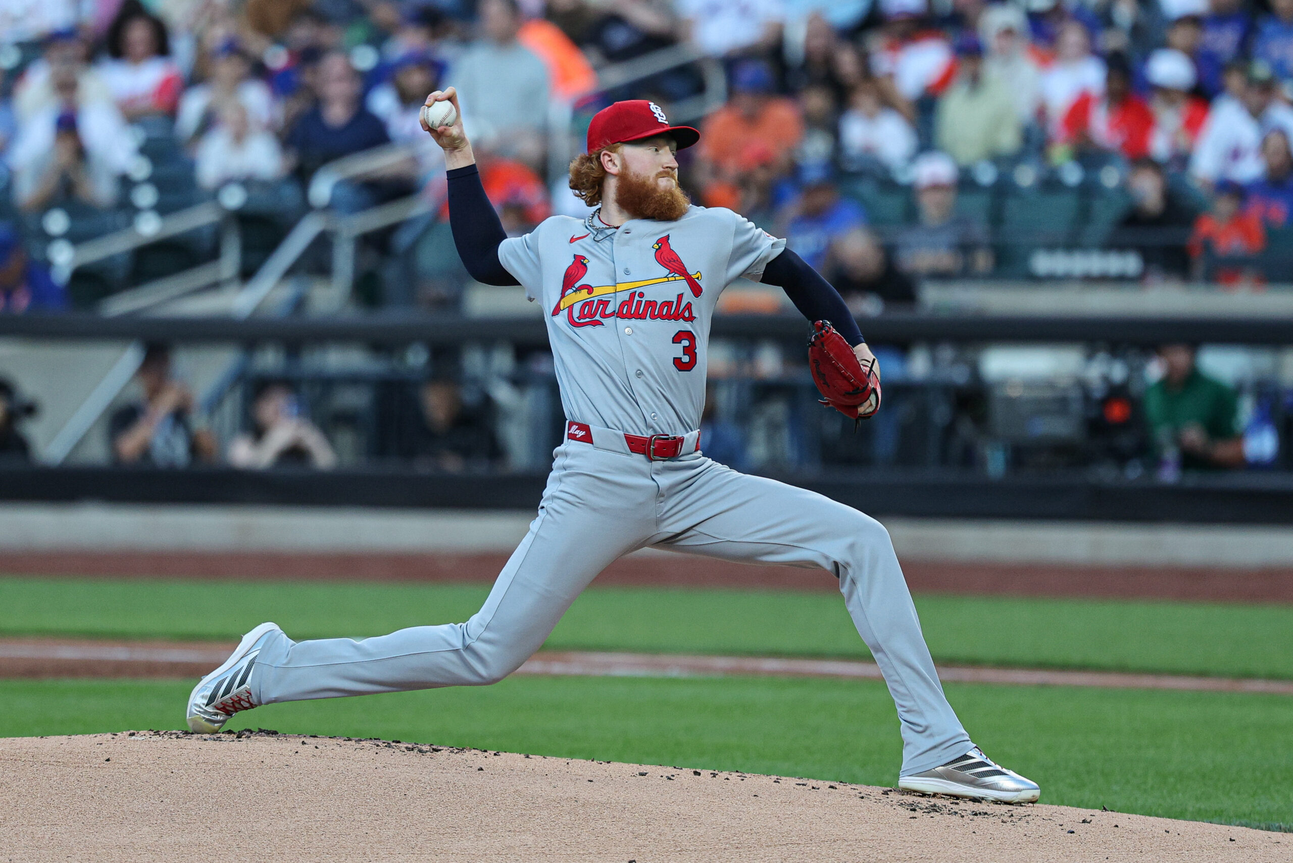 Jun 9, 2026; New York City, New York, USA; St. Louis Cardinals pitcher Dustin May (3) delivers a pitch during the first inning against the New York Mets at Citi Field. Mandatory Credit: Vincent Carchietta-Imagn Images