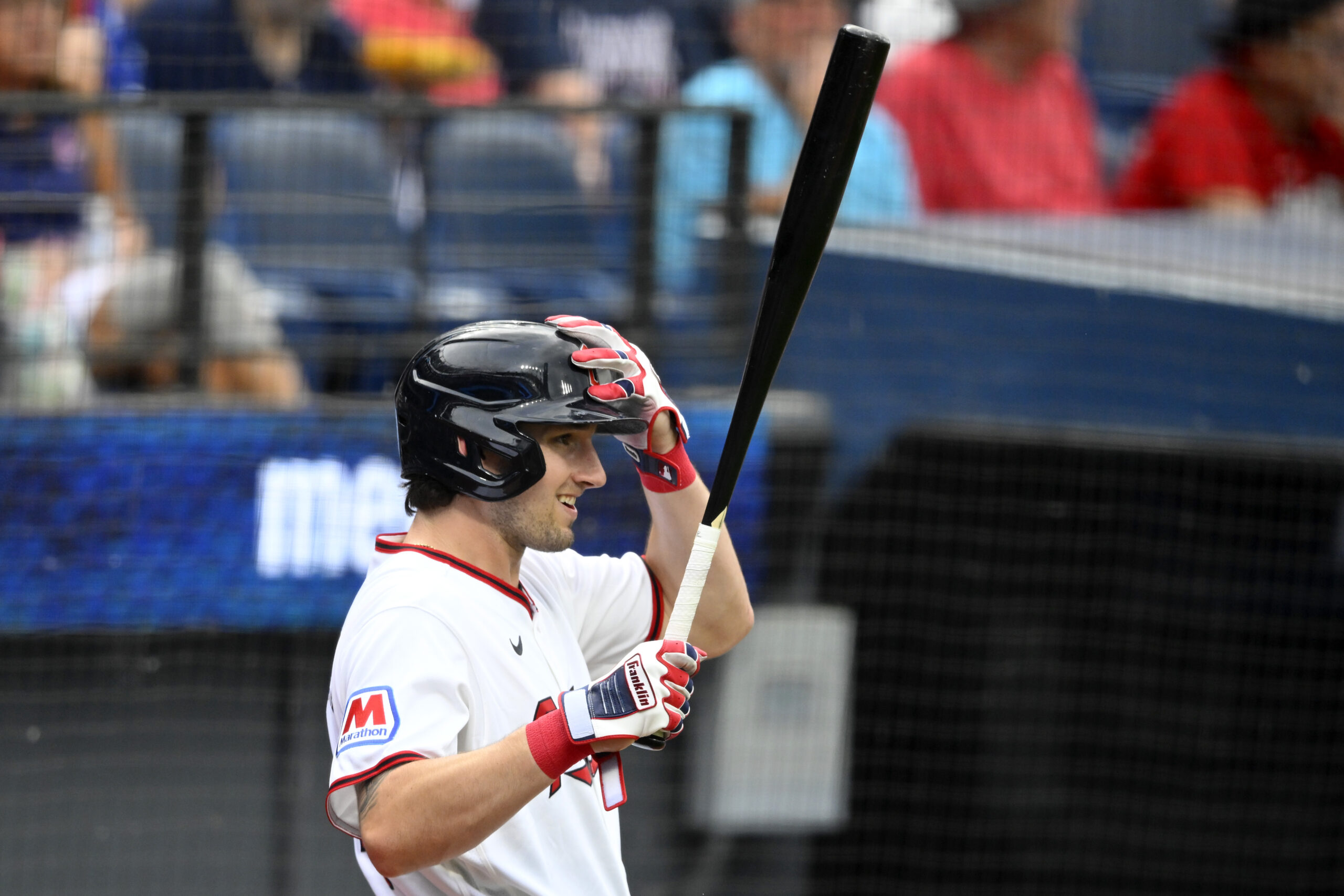 Jun 9, 2026; Cleveland, Ohio, USA; Cleveland Guardians right fielder Chase DeLauter (24) stands  on deck in the first inning against the New York Yankees at Progressive Field. Mandatory Credit: David Richard-Imagn Images