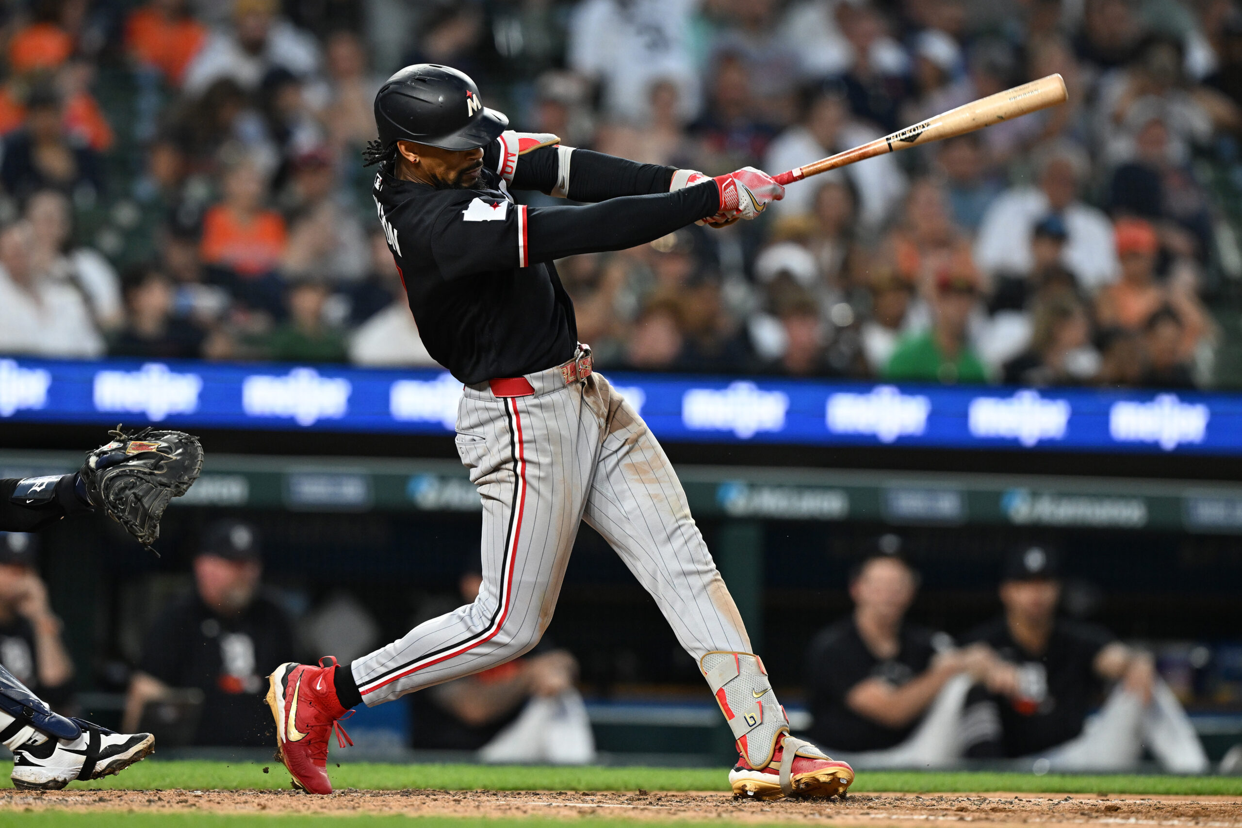 Jun 10, 2026; Detroit, Michigan, USA;  Minnesota Twins center fielder Byron Buxton (25) hits a three-run home run against the  Detroit Tigers in the fifth inning at Comerica Park. Mandatory Credit: Lon Horwedel-Imagn Images