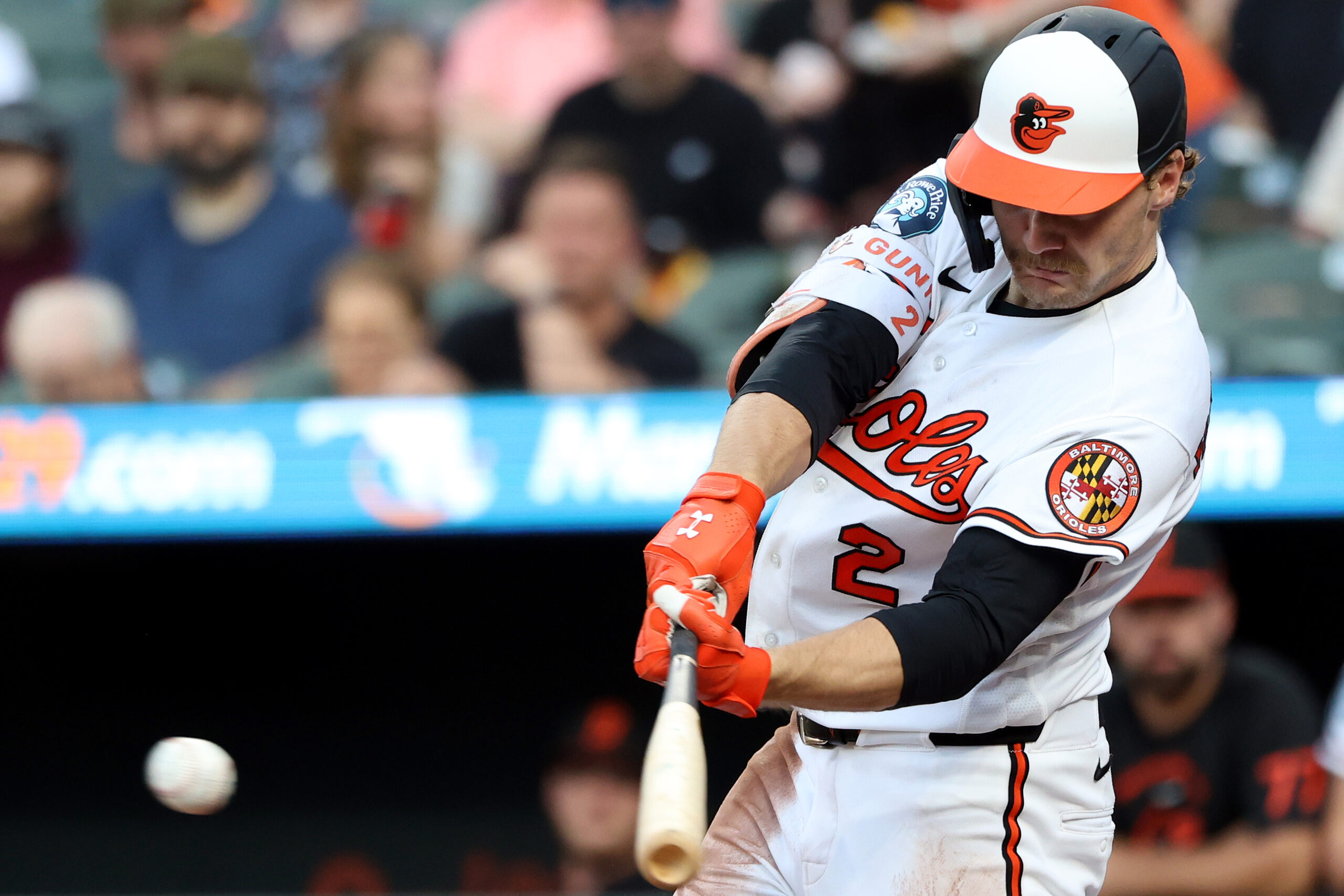 Jun 10, 2026; Baltimore, Maryland, USA; Baltimore Orioles shortstop Gunnar Henderson (2) hits a single during the third inning against the Seattle Mariners at Oriole Park at Camden Yards. Mandatory Credit: Daniel Kucin Jr.-Imagn Images