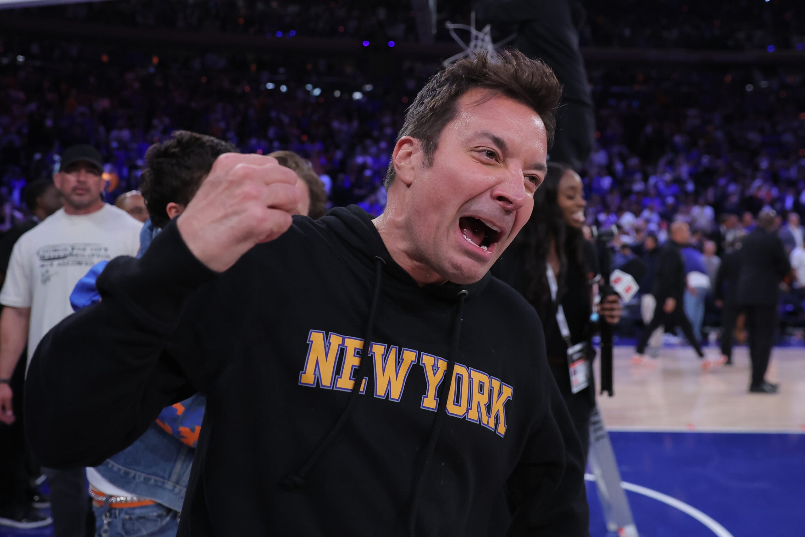 Jun 10, 2026; New York, New York, USA; Jimmy Fallon reacts after the New York Knicks defeated the San Antonio Spurs in game four of the 2026 NBA Finals at Madison Square Garden. Mandatory Credit: Brad Penner-Imagn Images