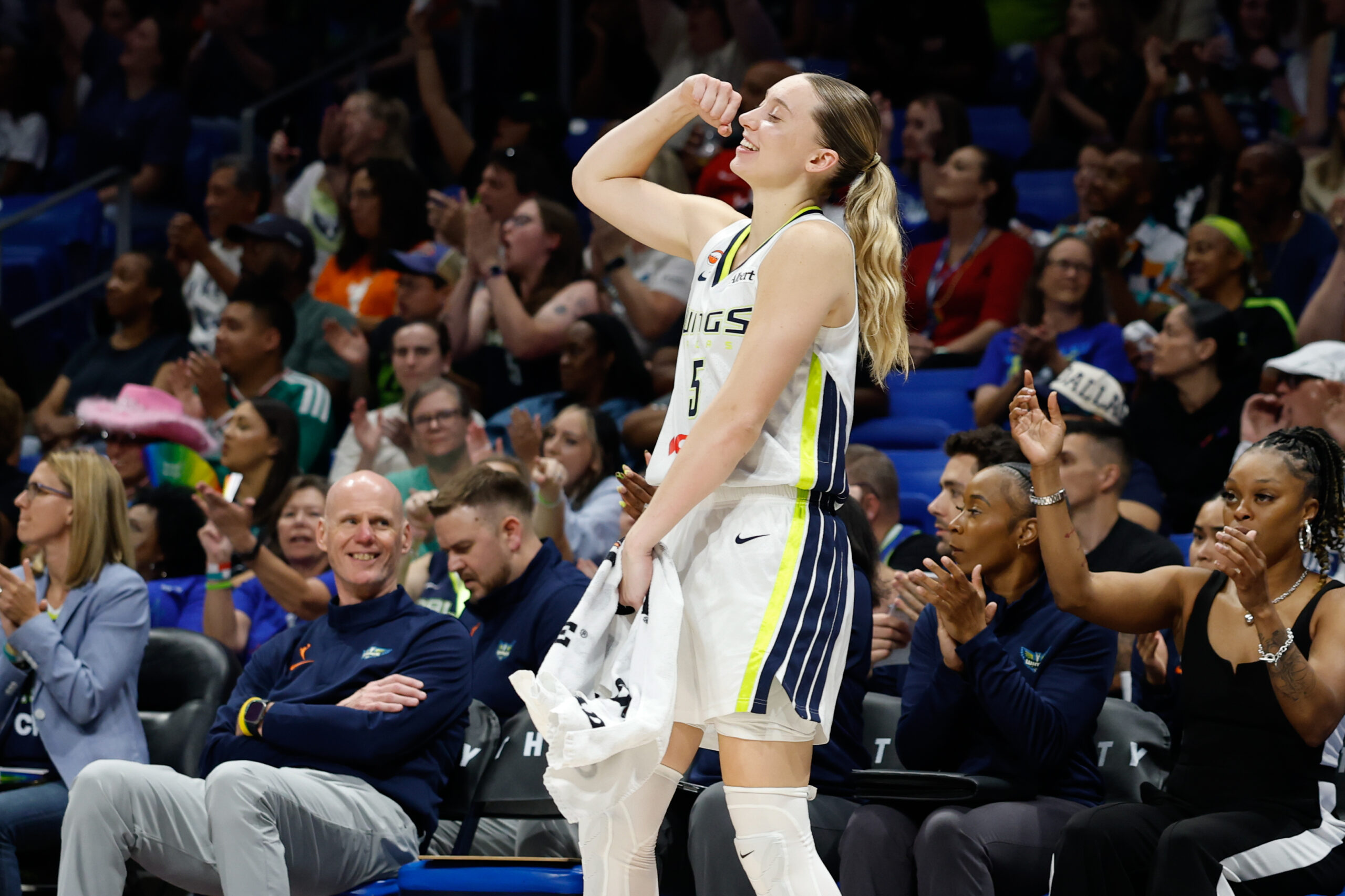 Jun 11, 2026; Arlington, Texas, USA; Dallas Wings guard Paige Bueckers (5) celebrates after a play against the Phoenix Mercury during the second half at College Park Center. Mandatory Credit: Chris Jones-Imagn Images