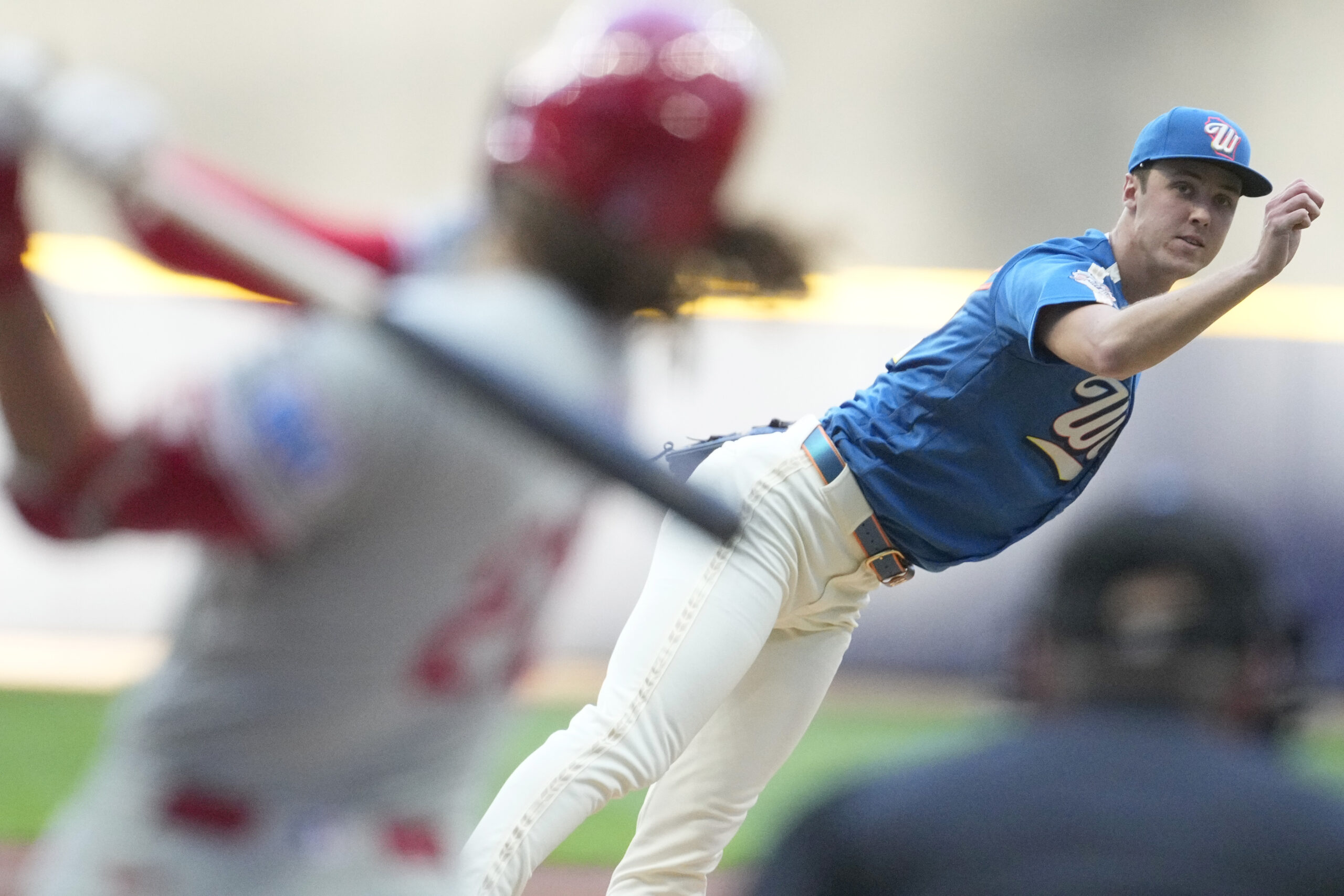 Jun 12, 2026; Milwaukee, Wisconsin, USA; Milwaukee Brewers pitcher Jacob Misiorowski (32) delivers a pitch against Philadelphia Phillies left fielder Brandon Marsh (16) in the second inning at American Family Field. Mandatory Credit: Michael McLoone-Imagn Images