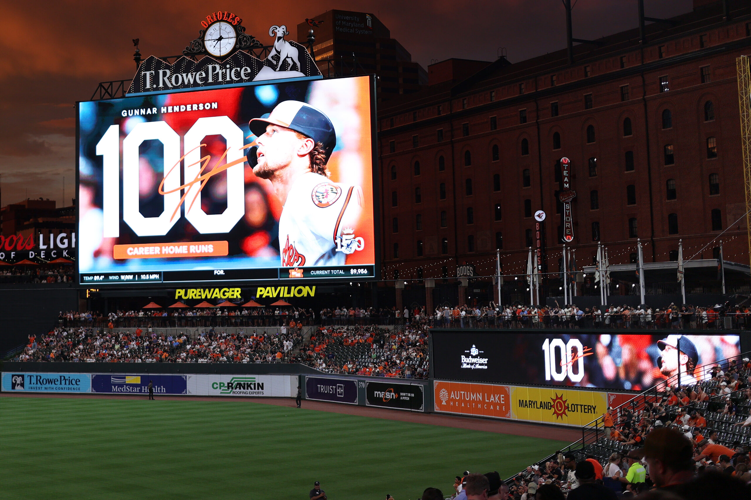 Jun 12, 2026; Baltimore, Maryland, USA; Baltimore Orioles shortstop Gunnar Henderson (2) hits his 100th career home run during the fourth inning against the San Diego Padres at Oriole Park at Camden Yards. Mandatory Credit: Daniel Kucin Jr.-Imagn Images