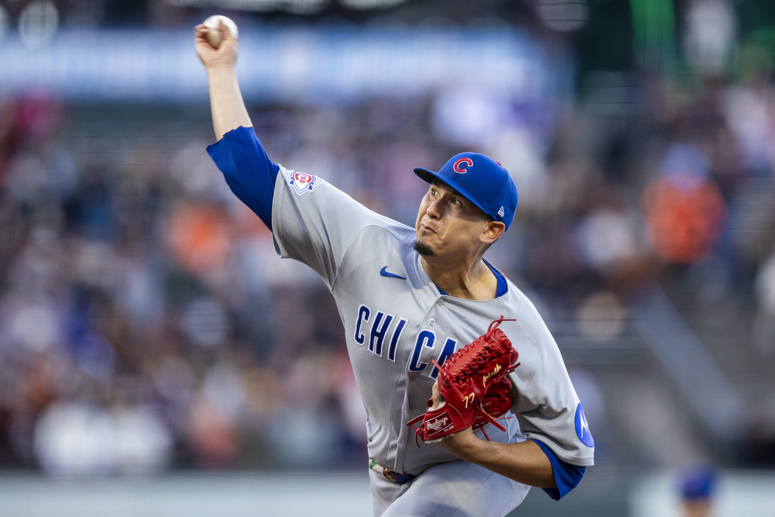 Jun 12, 2026; San Francisco, California, USA; Chicago Cubs starting pitcher Javier Assad (72) throws against the San Francisco Giants during the first inning at Oracle Park. Mandatory Credit: John Hefti-Imagn Images