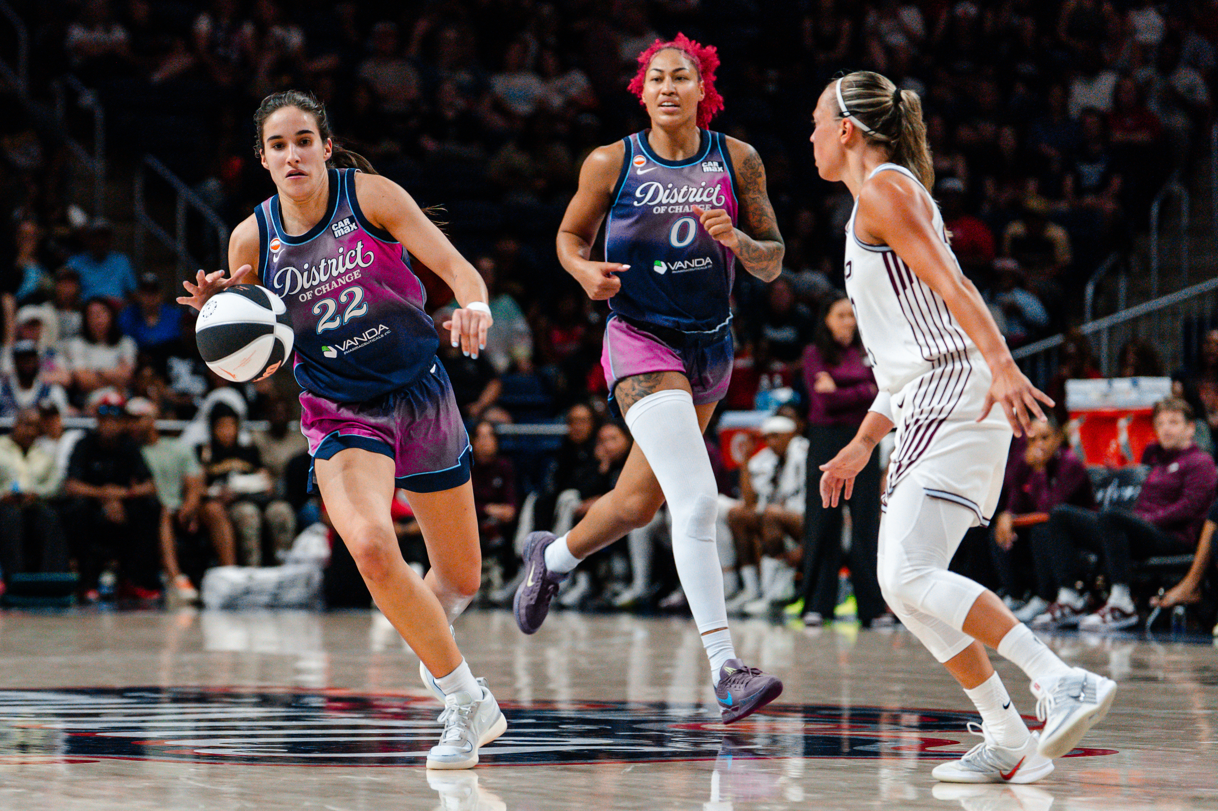 Jun 12, 2026; Washington, District of Columbia, USA; Washington Mystics guard Sonia Citron (22) dribbles the ball while Toronto Tempo guard Julie Allemand (22) defends during the second half at CareFirst Arena. Mandatory Credit: Emily Faith Morgan-Imagn Images