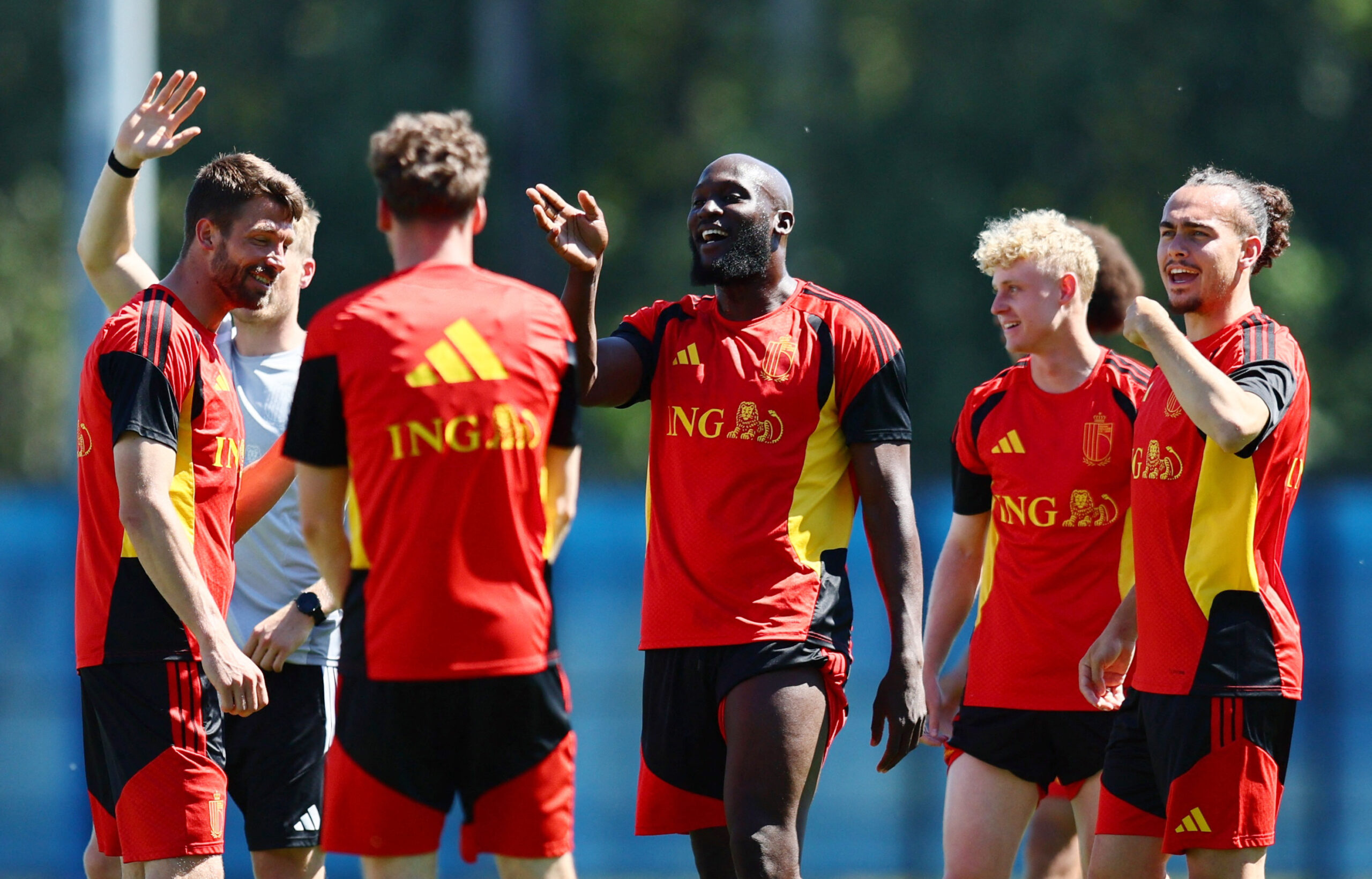 June 13, 2026; Renton, Washington, U.S.; Belgium's Romelu Lukaku,  Brandon Mechele and Joaquin Seys with teammates during training.  Mandatory Credit: Blake Dahlin-Imagn Images