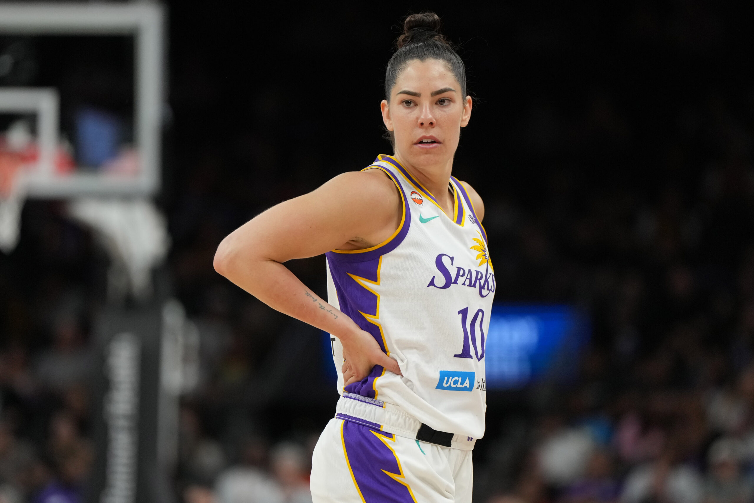 Jun 13, 2026; Phoenix, Arizona, USA; Los Angeles Sparks guard Kelsey Plum (10) celebrates after defeating the Phoenix Mercury in overtime at Mortgage Matchup Center. Mandatory Credit: Rick Scuteri-Imagn Images