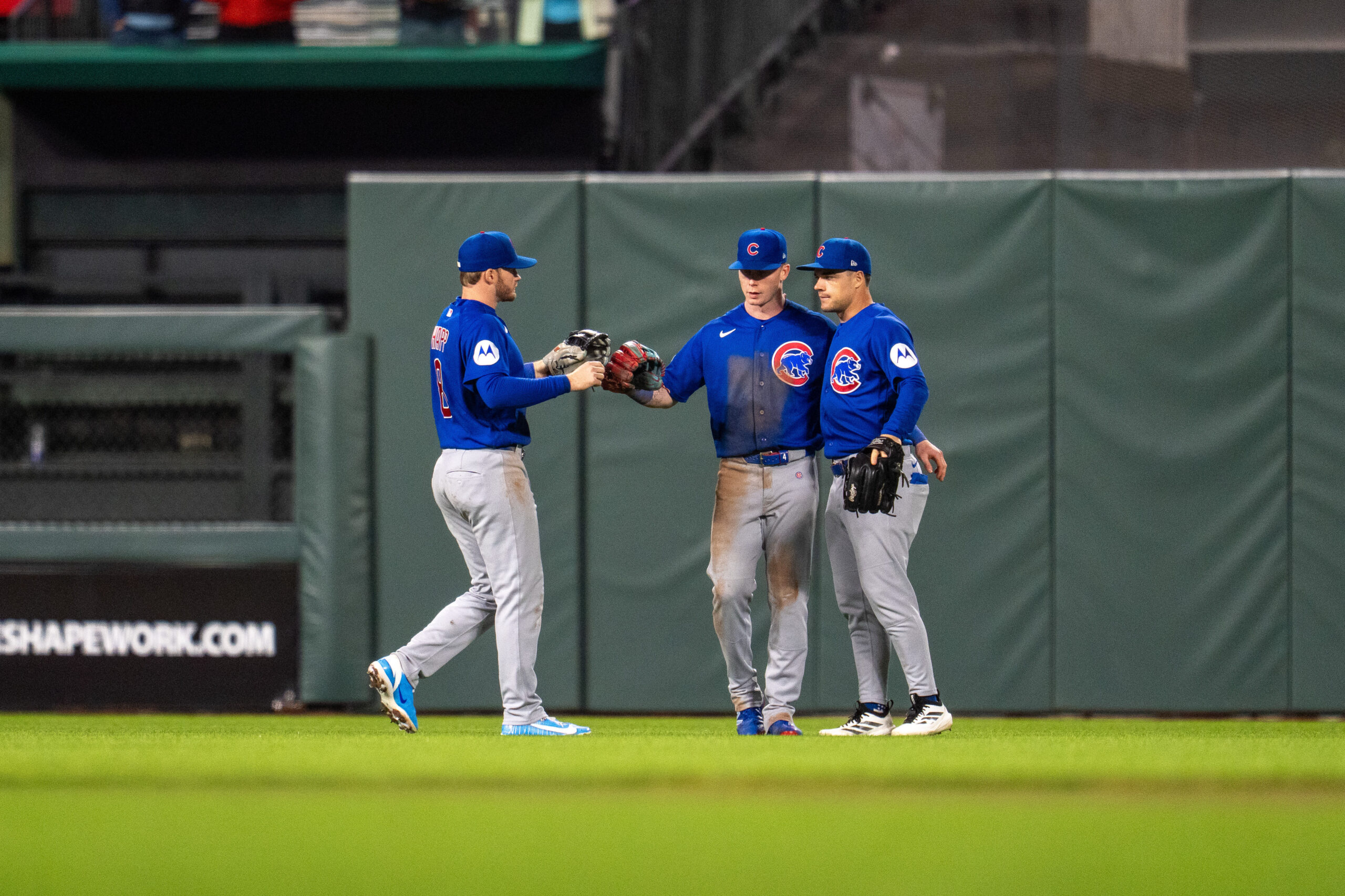 Jun 13, 2026; San Francisco, California, USA; Chicago Cubs center fielder Pete Crow-Armstrong (4) and Chicago Cubs left fielder Ian Happ (8) and Chicago Cubs right fielder Matt Shaw (6) celebrate after the game against the San Francisco Giants at Oracle Park. Mandatory Credit: Neville E. Guard-Imagn Images