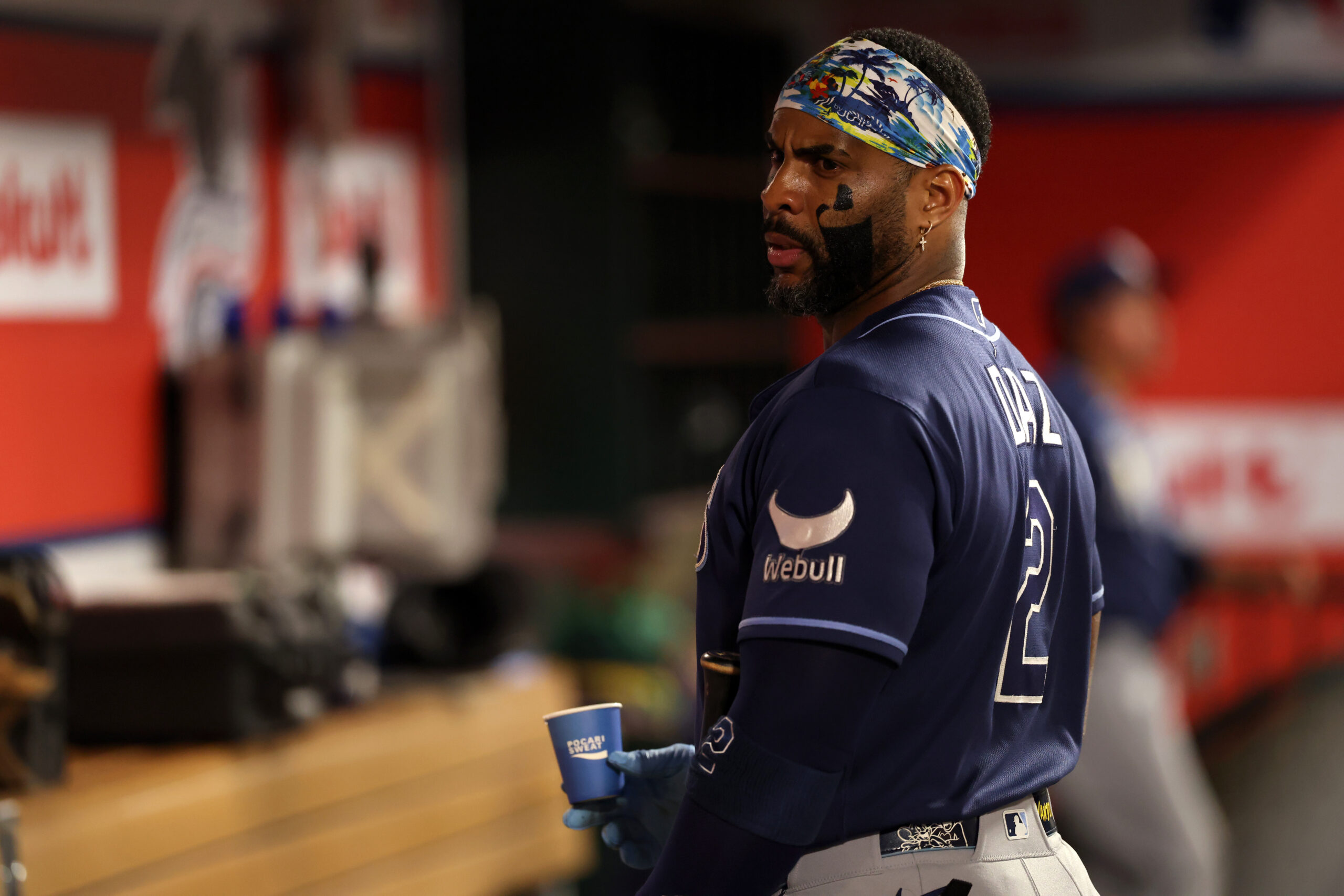 Jun 13, 2026; Anaheim, California, USA; Tampa Bay Rays designated hitter Yandy Diaz (2) looks on in the dugout during the sixth inning against the Los Angeles Angels at Angel Stadium. Mandatory Credit: Kiyoshi Mio-Imagn Images