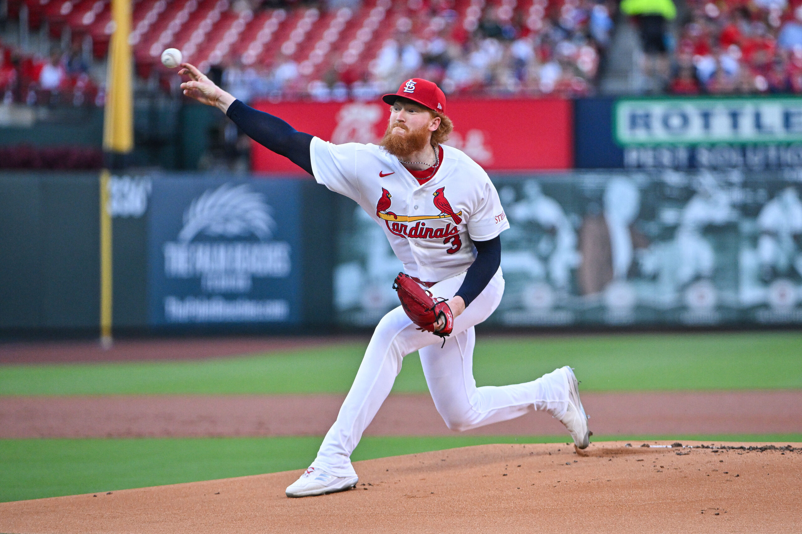 Jun 15, 2026; St. Louis, Missouri, USA; St. Louis Cardinals starting pitcher Dustin May (3) pitches against the San Diego Padres during the first inning at Busch Stadium. Mandatory Credit: Jeff Curry-Imagn Images