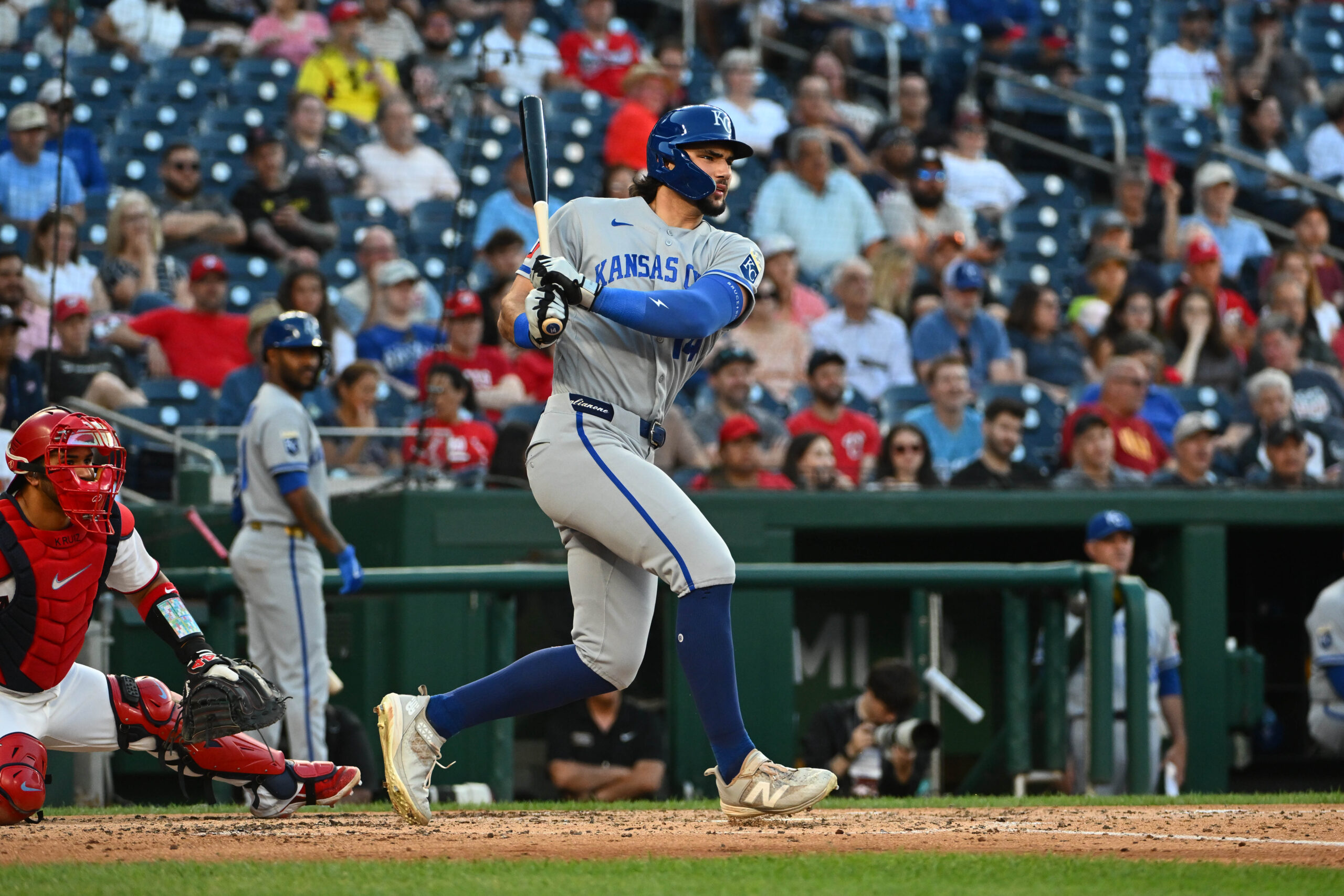 Jun 15, 2026; Washington, District of Columbia, USA; Kansas City Royals right fielder Jac Caglianone (14) doubles against the Washington Nationals during the fifth inning at Nationals Park. Mandatory Credit: Brad Mills-Imagn Images