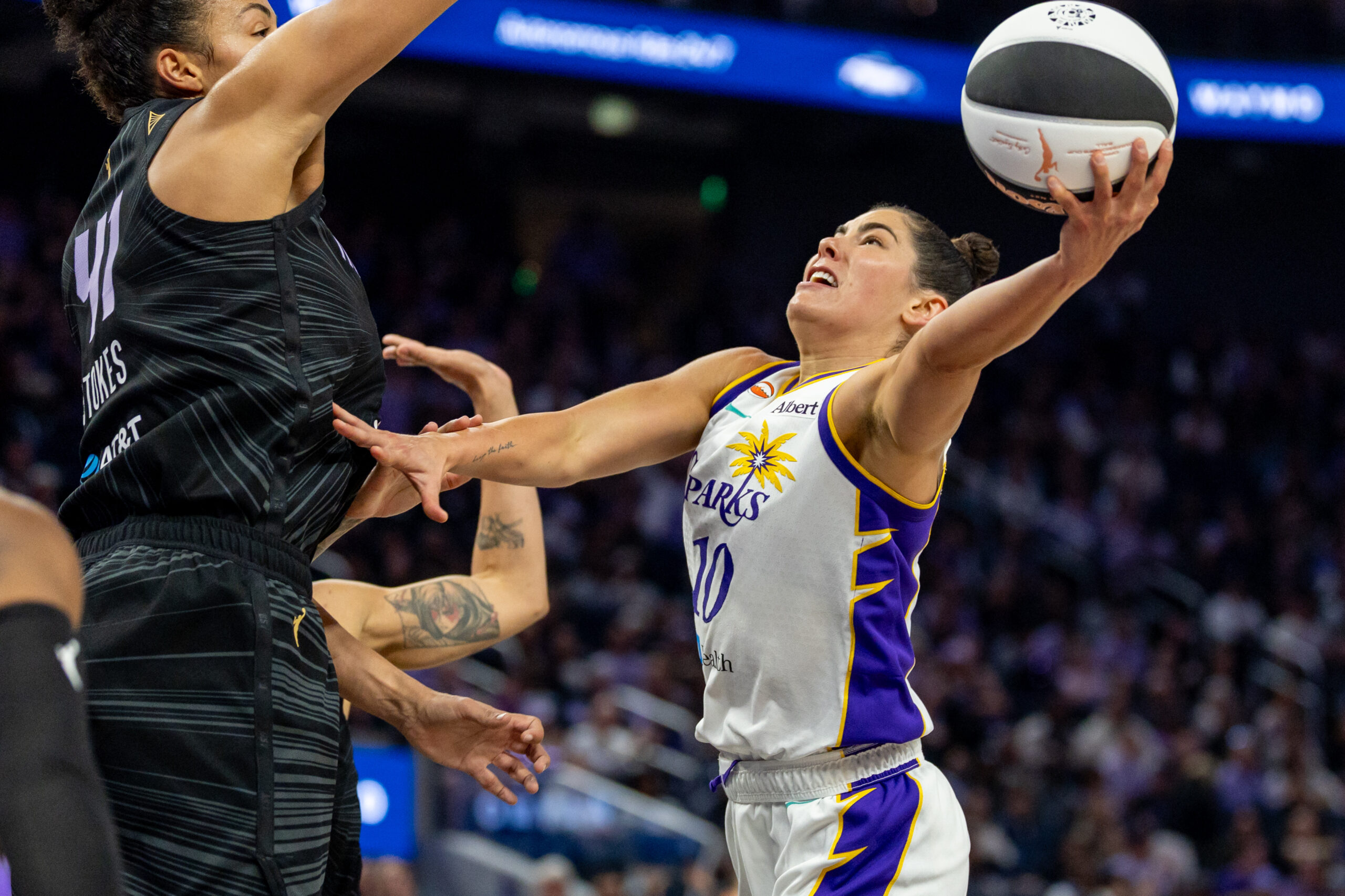 Jun 15, 2026; San Francisco, California, USA; Angeles Sparks guard Kelsey Plum (10) puts up a shot during the second quarter against the Golden State Valkyries in a Commissioner’s Cup game at Chase Center. Mandatory Credit: Robert Kupbens-Imagn Images