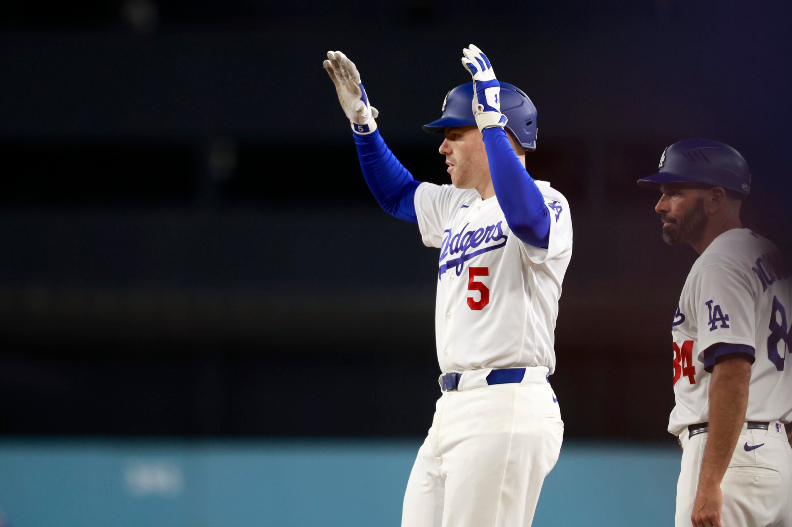 Jun 15, 2026; Los Angeles, California, USA; Los Angeles Dodgers first baseman Freddie Freeman (5) reacts after hitting a single in the eighth inning against the Tampa Bay Rays at Dodger Stadium. Mandatory Credit: William Navarro-Imagn Images
