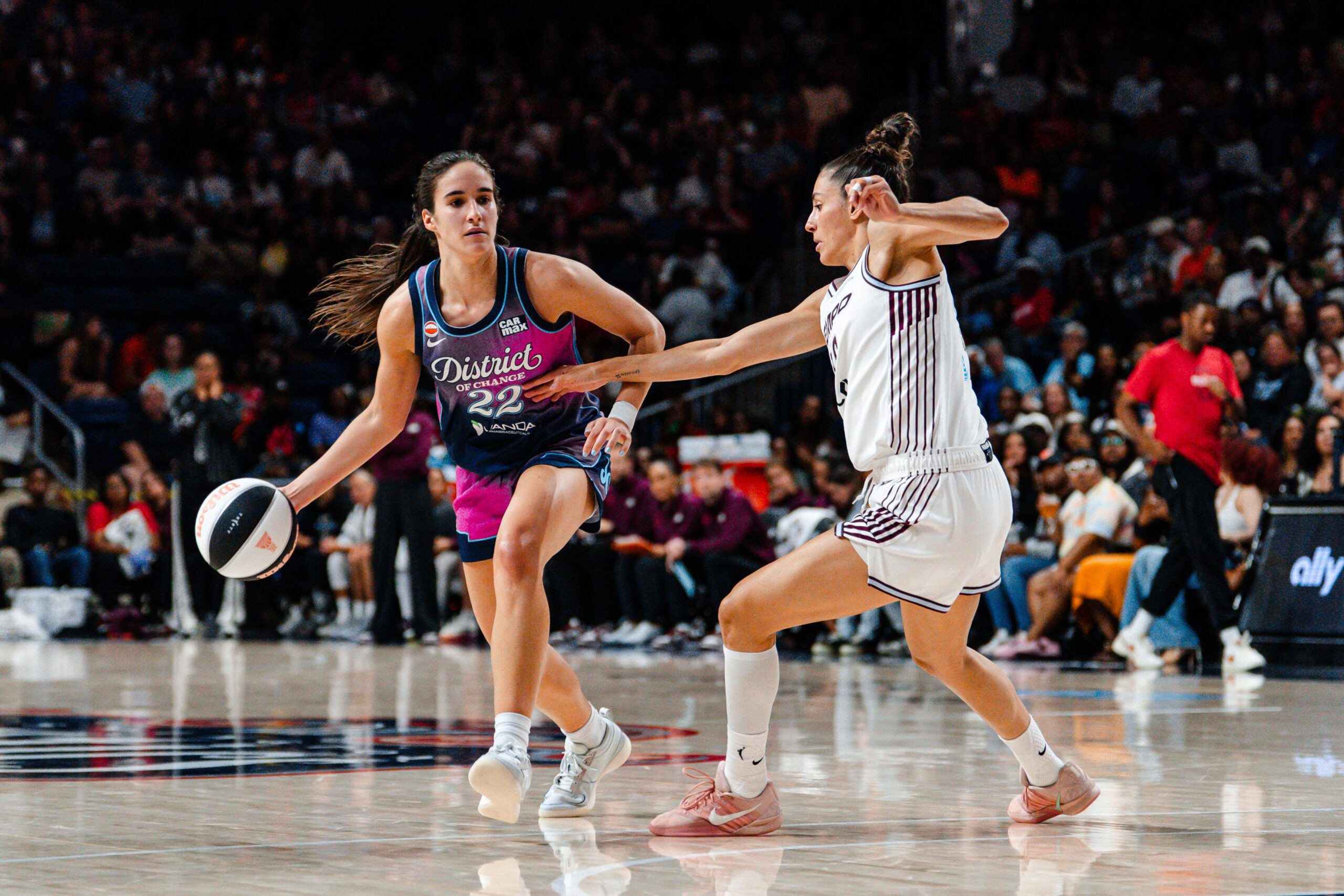 Jun 12, 2026; Washington, District of Columbia, USA; Washington Mystics guard Sonia Citron (22) dribbles the ball while Toronto Tempo defends during the second half at CareFirst Arena. Mandatory Credit: Emily Faith Morgan-Imagn Images