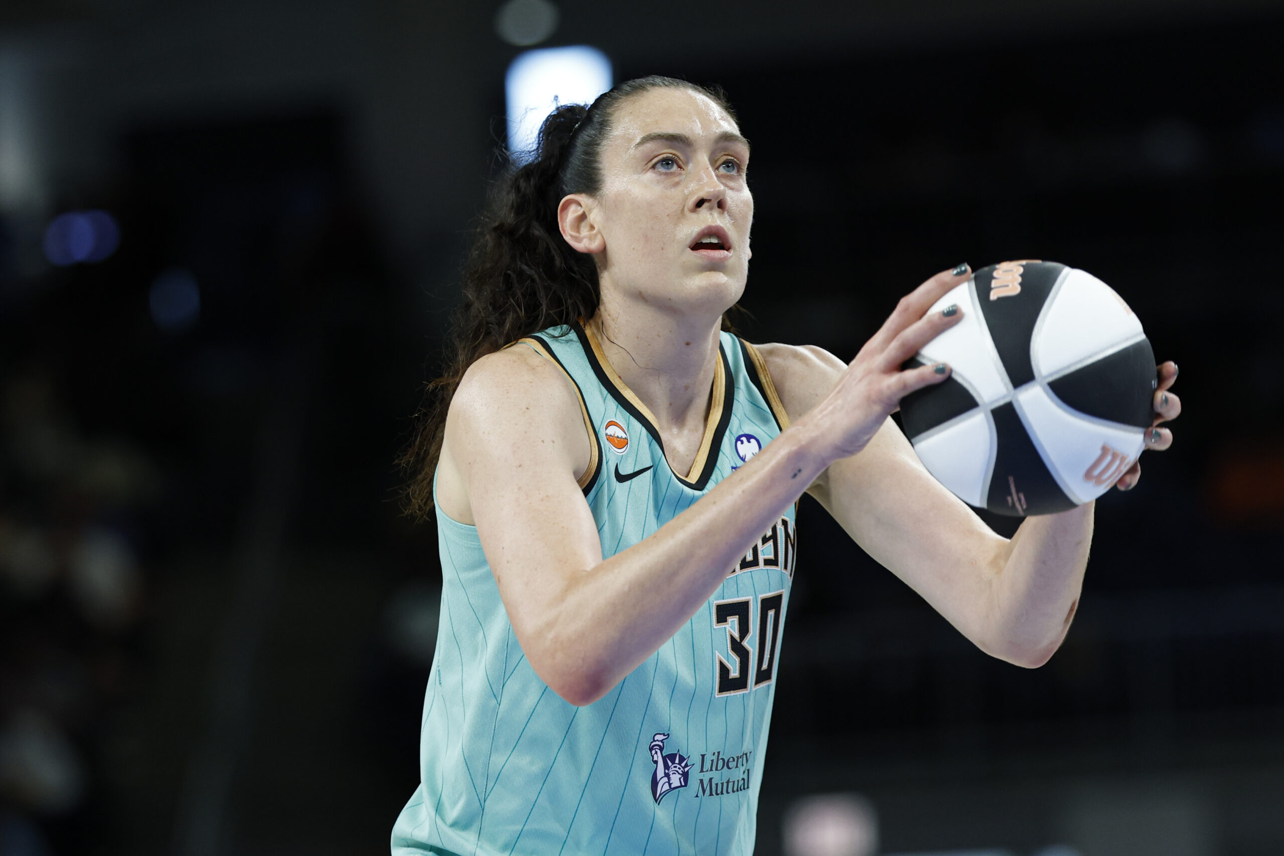 Jun 17, 2026; Chicago, Illinois, USA; New York Liberty forward Breanna Stewart (30) shoots a free throw against the Chicago Sky during the first half at Wintrust Arena. Mandatory Credit: Kamil Krzaczynski-Imagn Images
