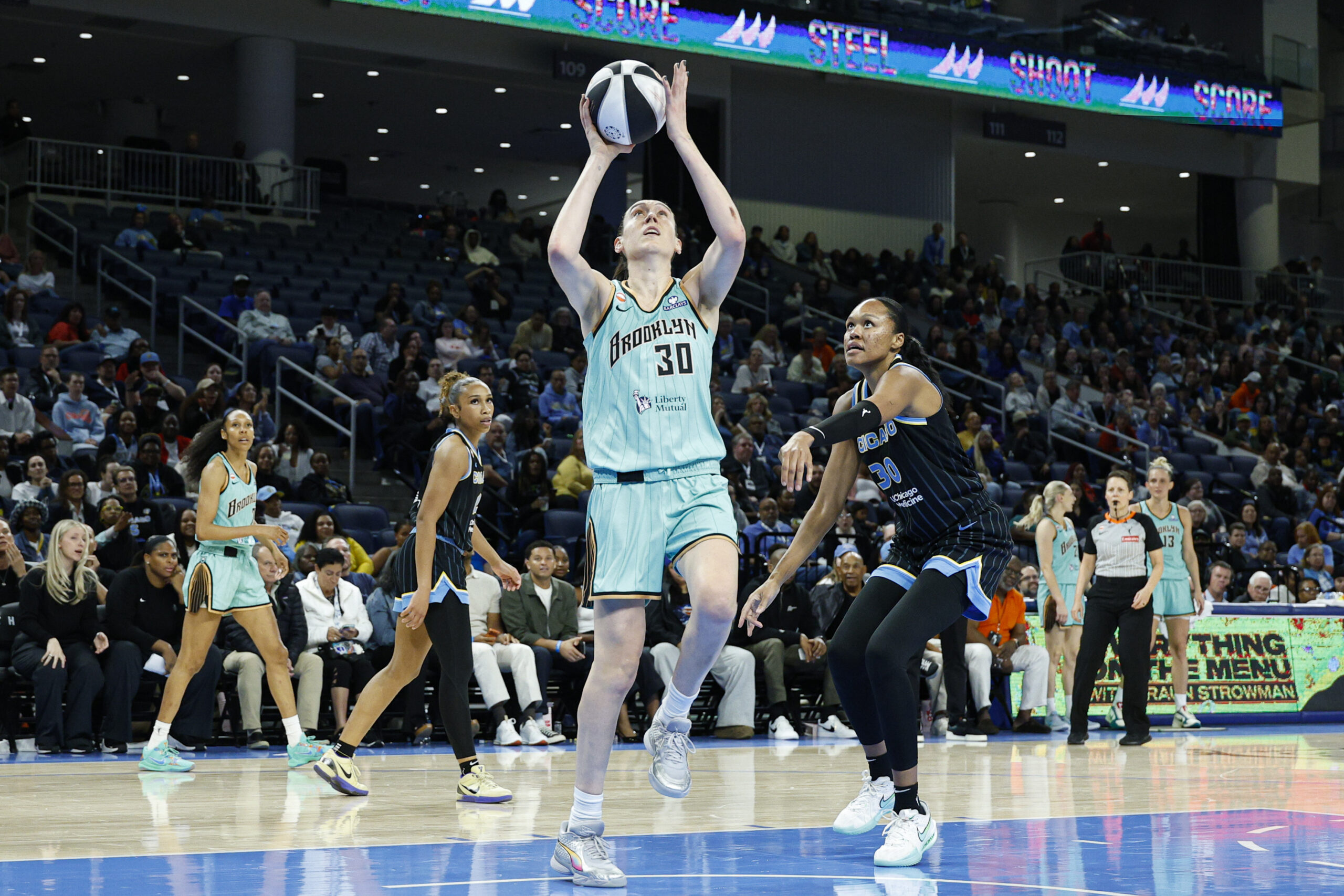 Jun 17, 2026; Chicago, Illinois, USA; New York Liberty forward Breanna Stewart (30) shoots against the Chicago Sky during the second half at Wintrust Arena. Mandatory Credit: Kamil Krzaczynski-Imagn Images