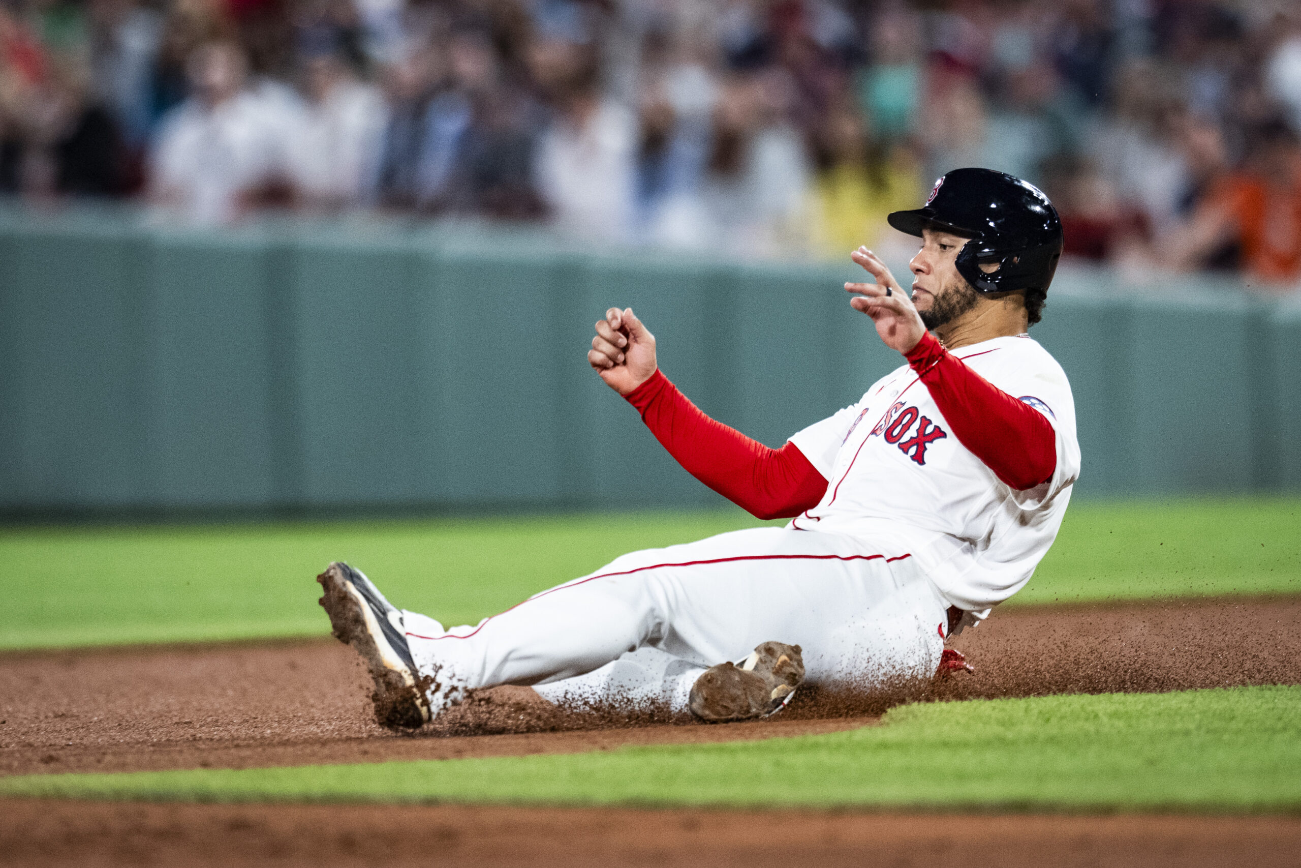 Jun 17, 2026; Boston, Massachusetts, USA; Boston Red Sox first baseman Willson Contreras (40) slides into a force out on second base in the seventh inning against the Toronto Blue Jays at Fenway Park. Mandatory Credit: Jaiden Tripi-Imagn Images