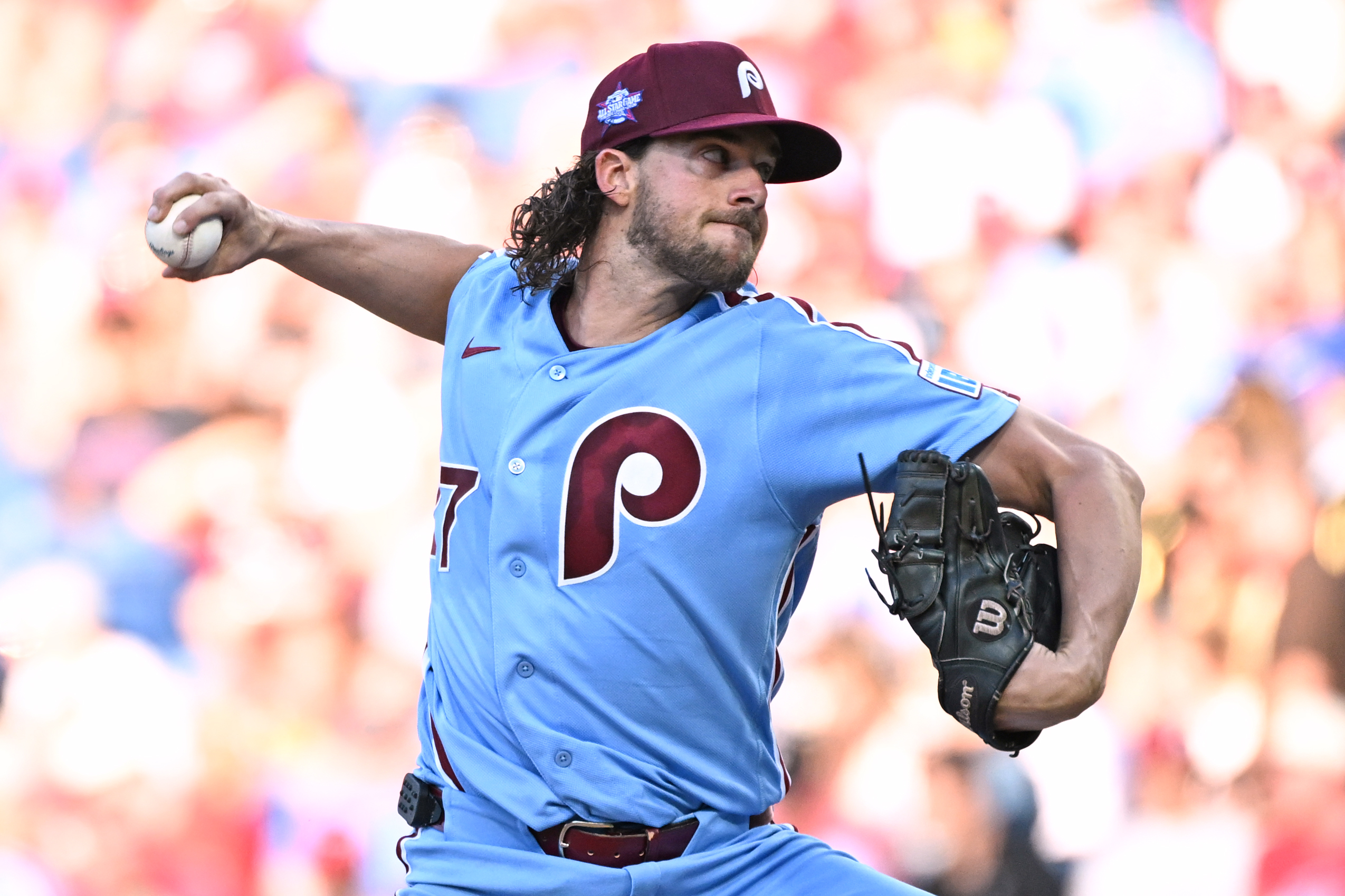 Jun 18, 2026; Philadelphia, Pennsylvania, USA; Philadelphia Phillies pitcher Aaron Nola (27) throws a pitch during the second inning against the New York Mets at Citizens Bank Park. Mandatory Credit: Eric Hartline-Imagn Images