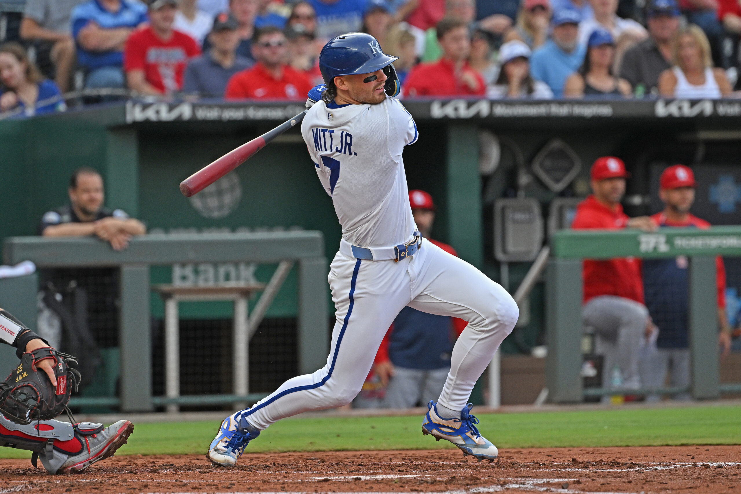 Jun 18, 2026; Kansas City, Missouri, USA;  Kansas City Royals shortstop Bobby Witt Jr. (7) singles in a run in the second inning against the St. Louis Cardinals at Kauffman Stadium. Mandatory Credit: Peter Aiken-Imagn Images